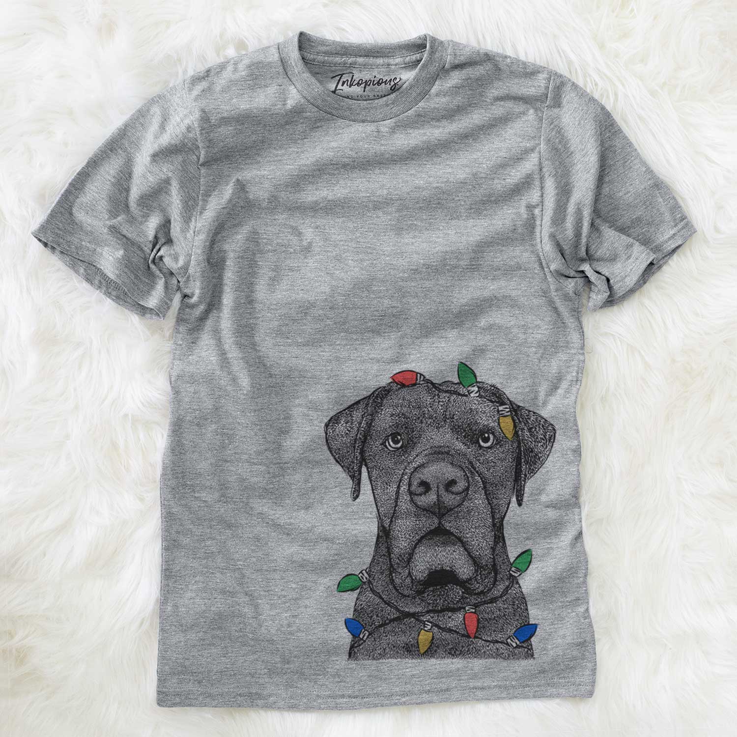 Hand-drawn sketch of Rocco the Cane Corso wrapped in Christmas lights on a Grey Unisex crewneck