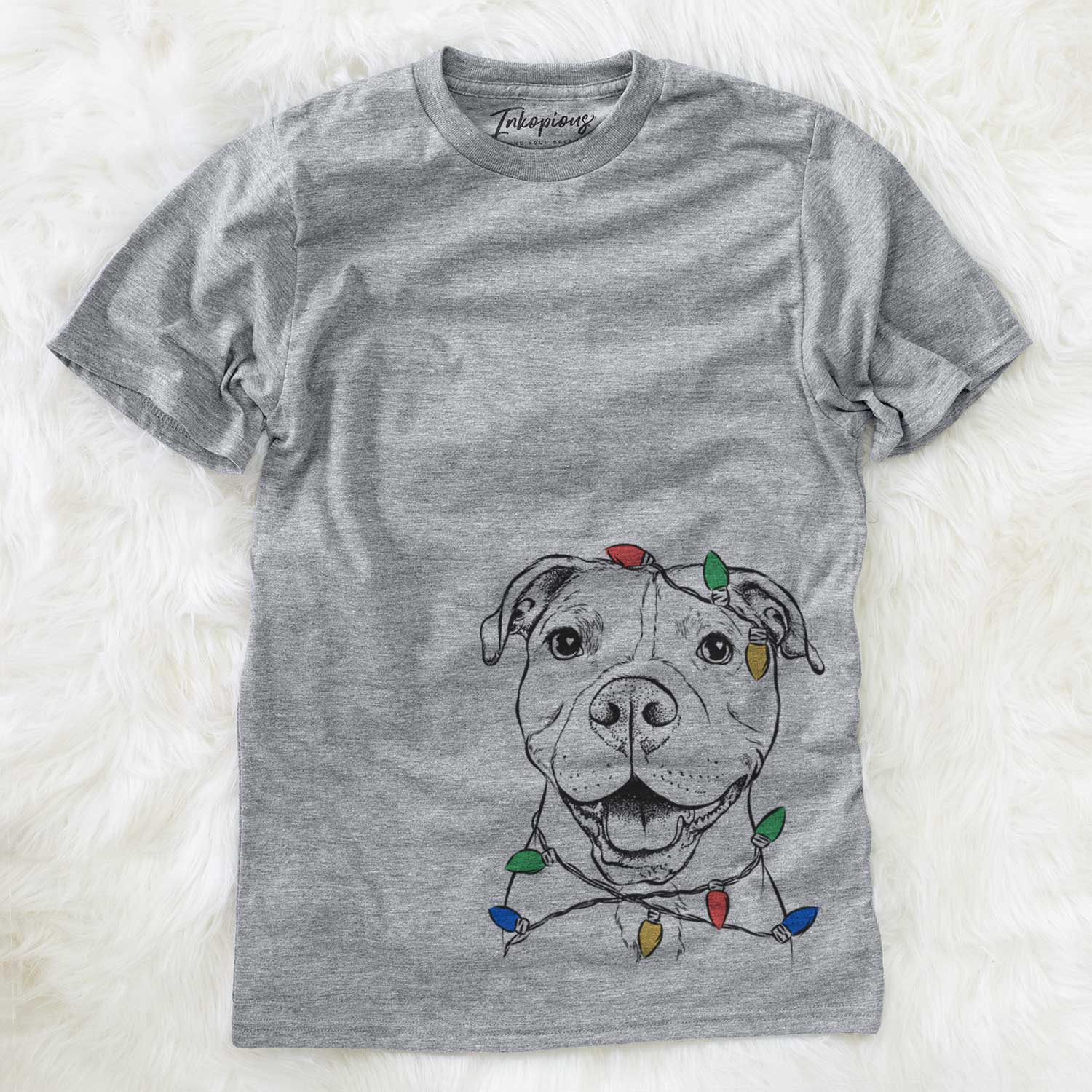 Hand-drawn sketch of Roscoe the Pitbull wrapped in Christmas lights on a Grey Unisex crewneck