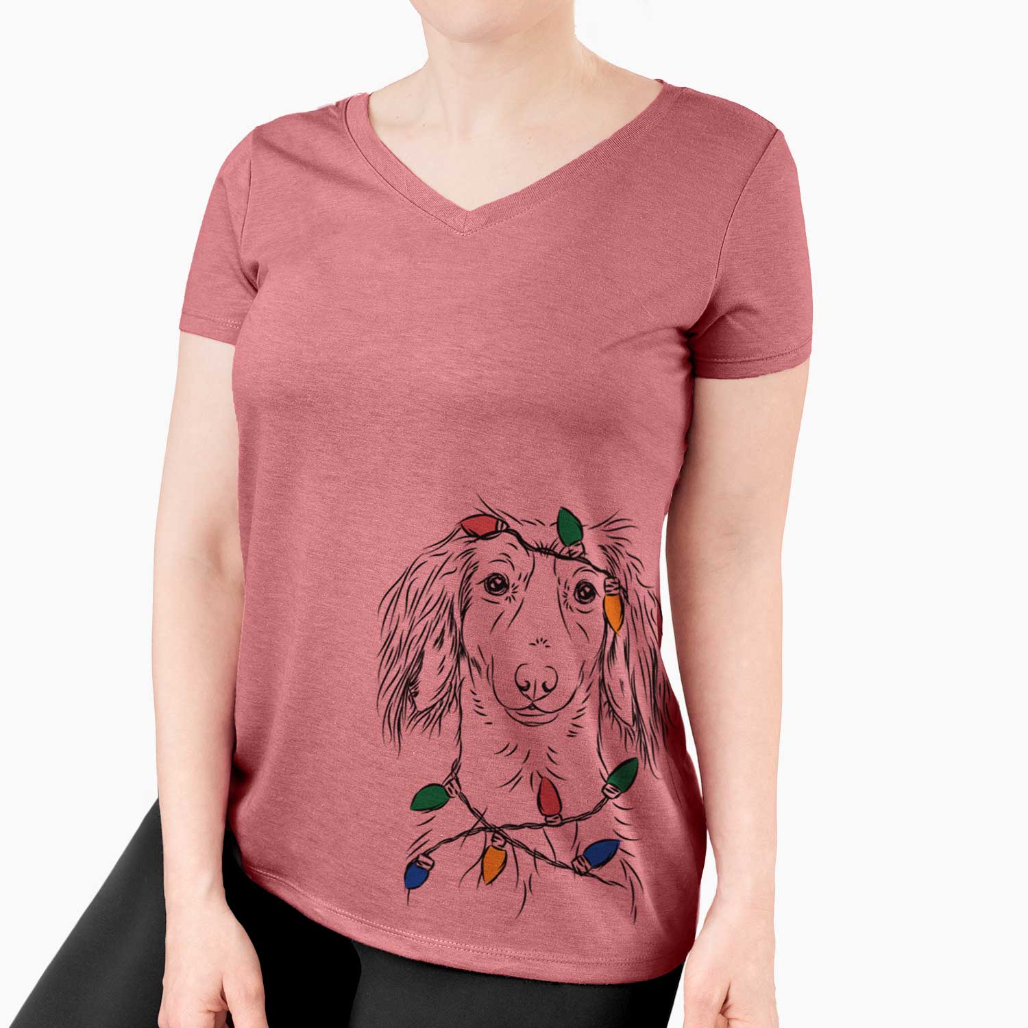Christmas Lights Roux the Long Haired Dachshund - Women's V-neck Shirt