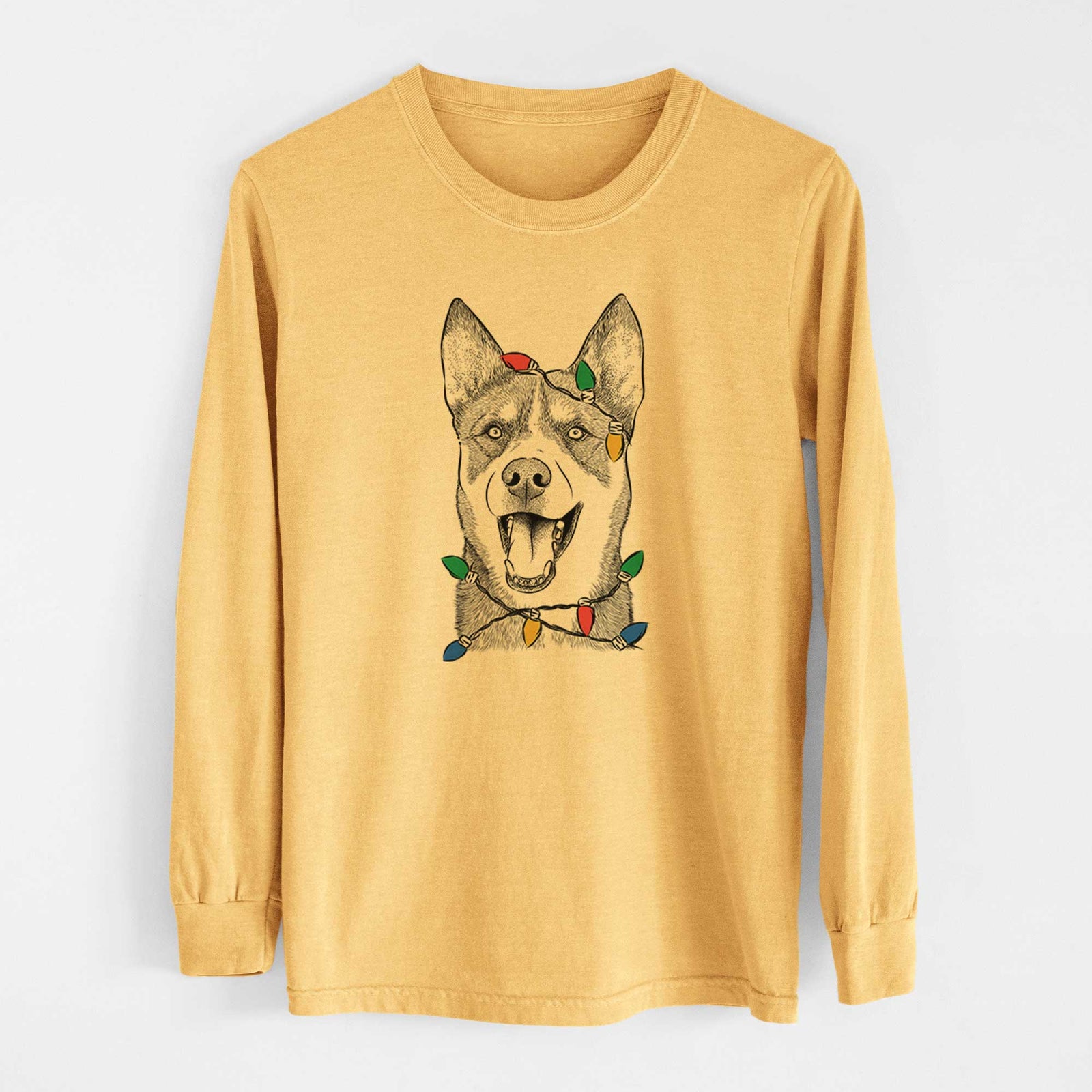 Christmas Lights Roux the Siberian Husky - Heavyweight 100% Cotton Long Sleeve