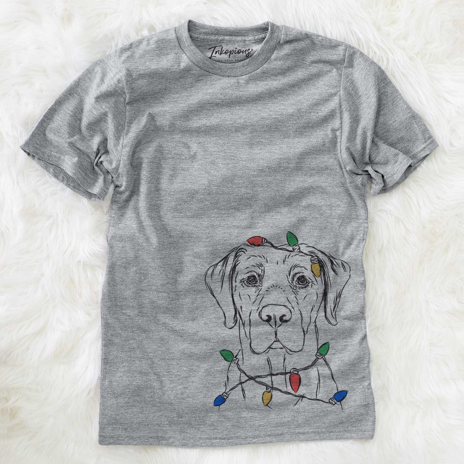 Hand-drawn sketch of Rowdy the Labrador Retriever wrapped in Christmas lights on a Grey Unisex crewneck