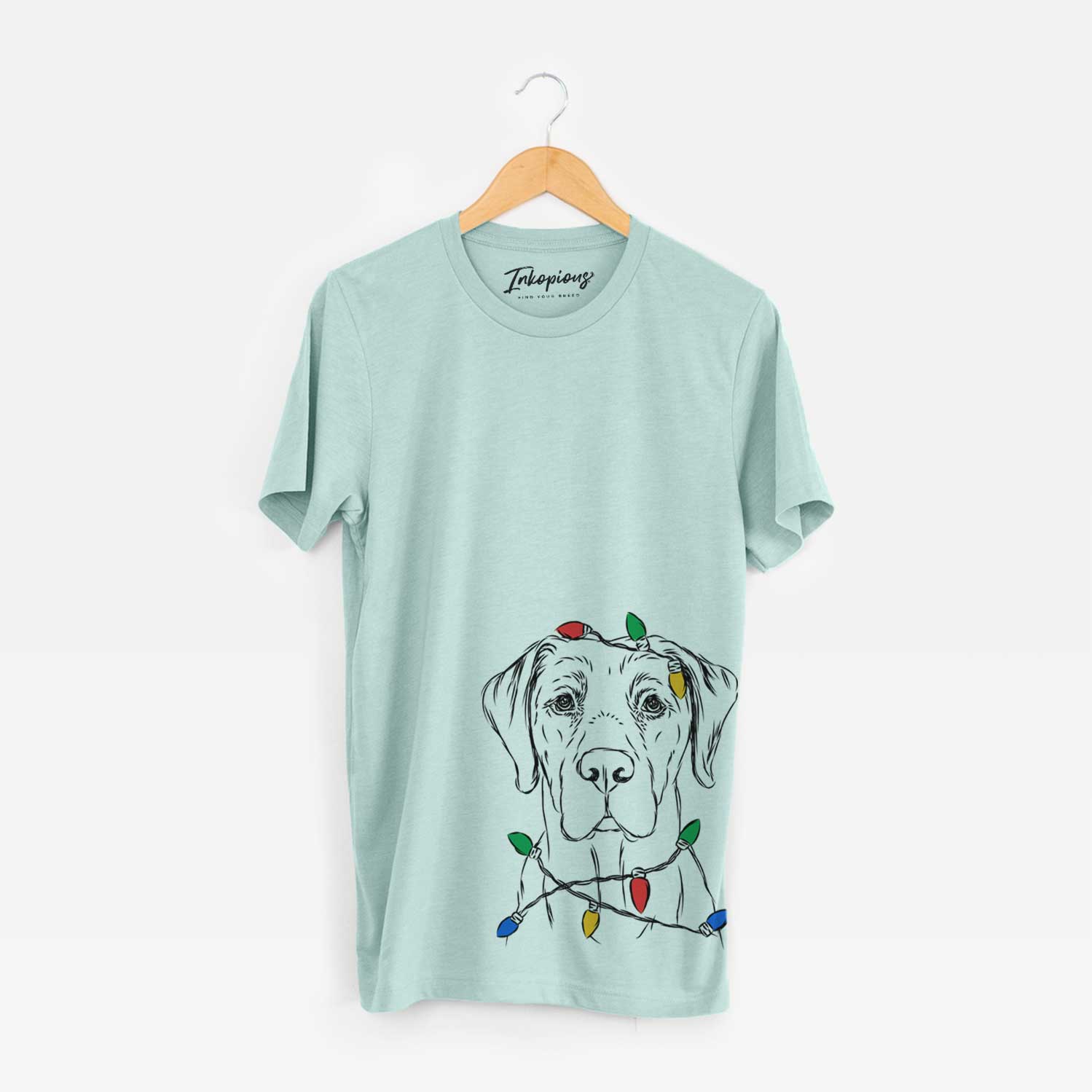 Hand-drawn sketch of Rowdy the Labrador Retriever wrapped in Christmas lights on a Heather Sage Unisex crewneck