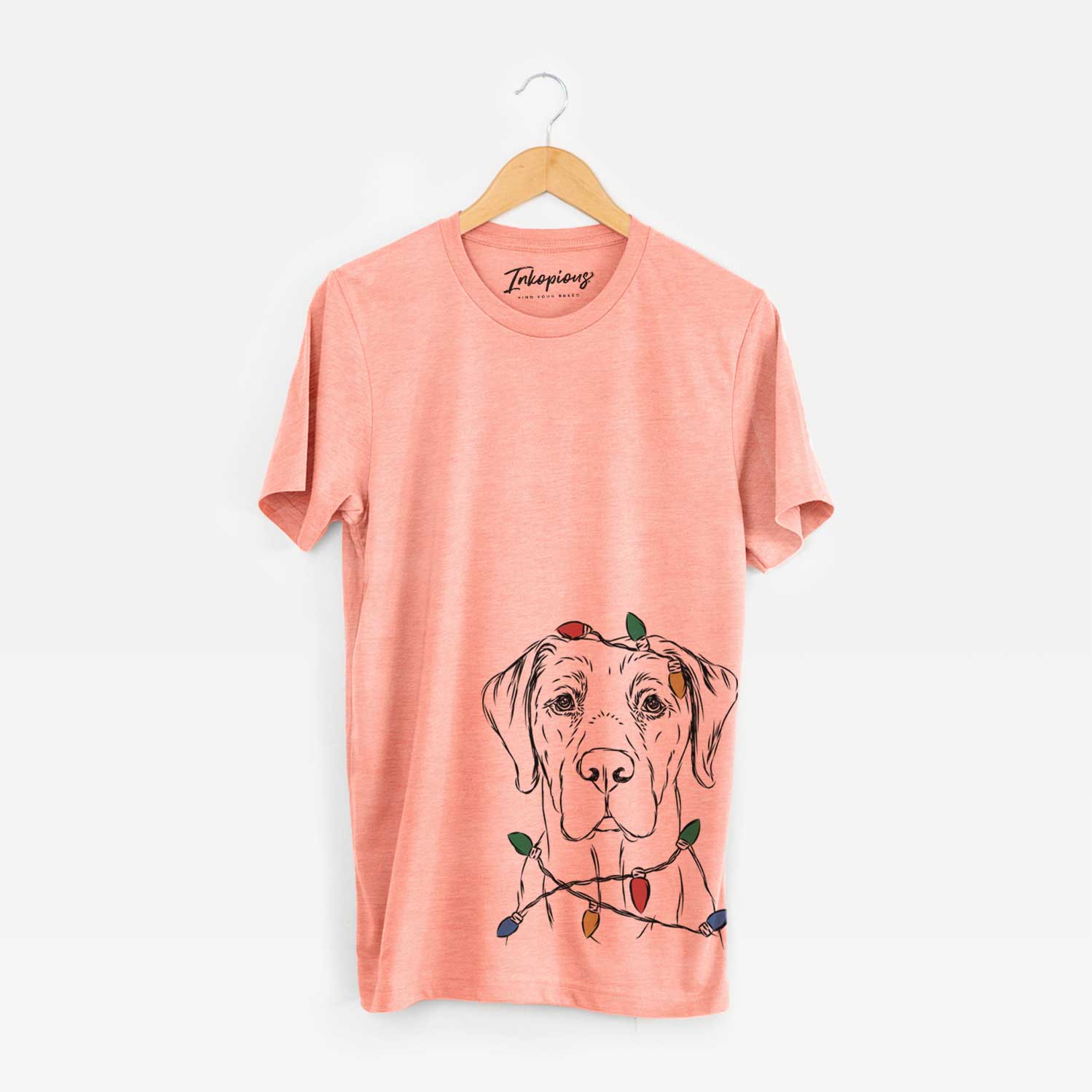 Hand-drawn sketch of Rowdy the Labrador Retriever wrapped in Christmas lights on a Sunset Unisex crewneck
