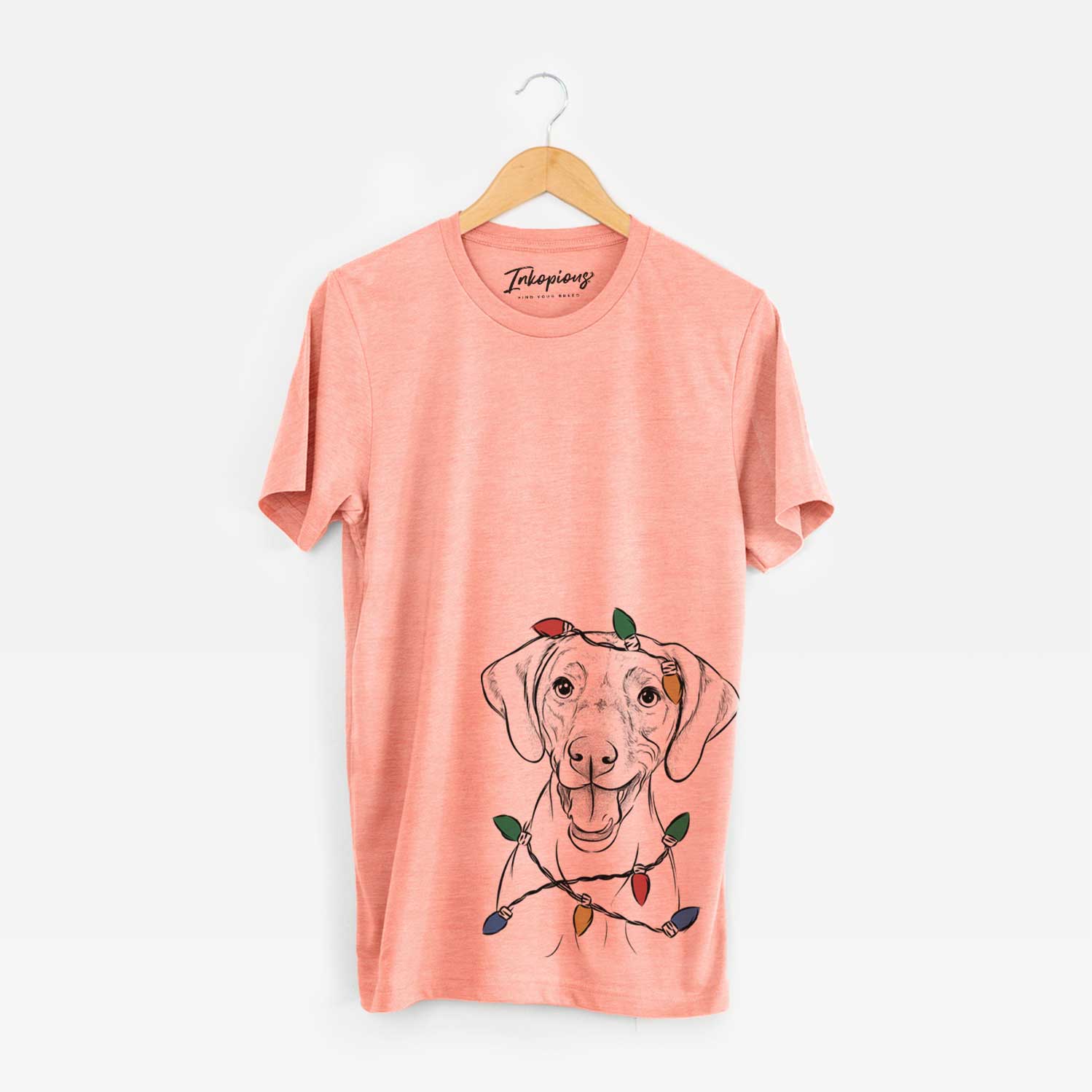 Hand-drawn sketch of Ruby the Vizsla wrapped in Christmas lights on a Sunset Unisex crewneck
