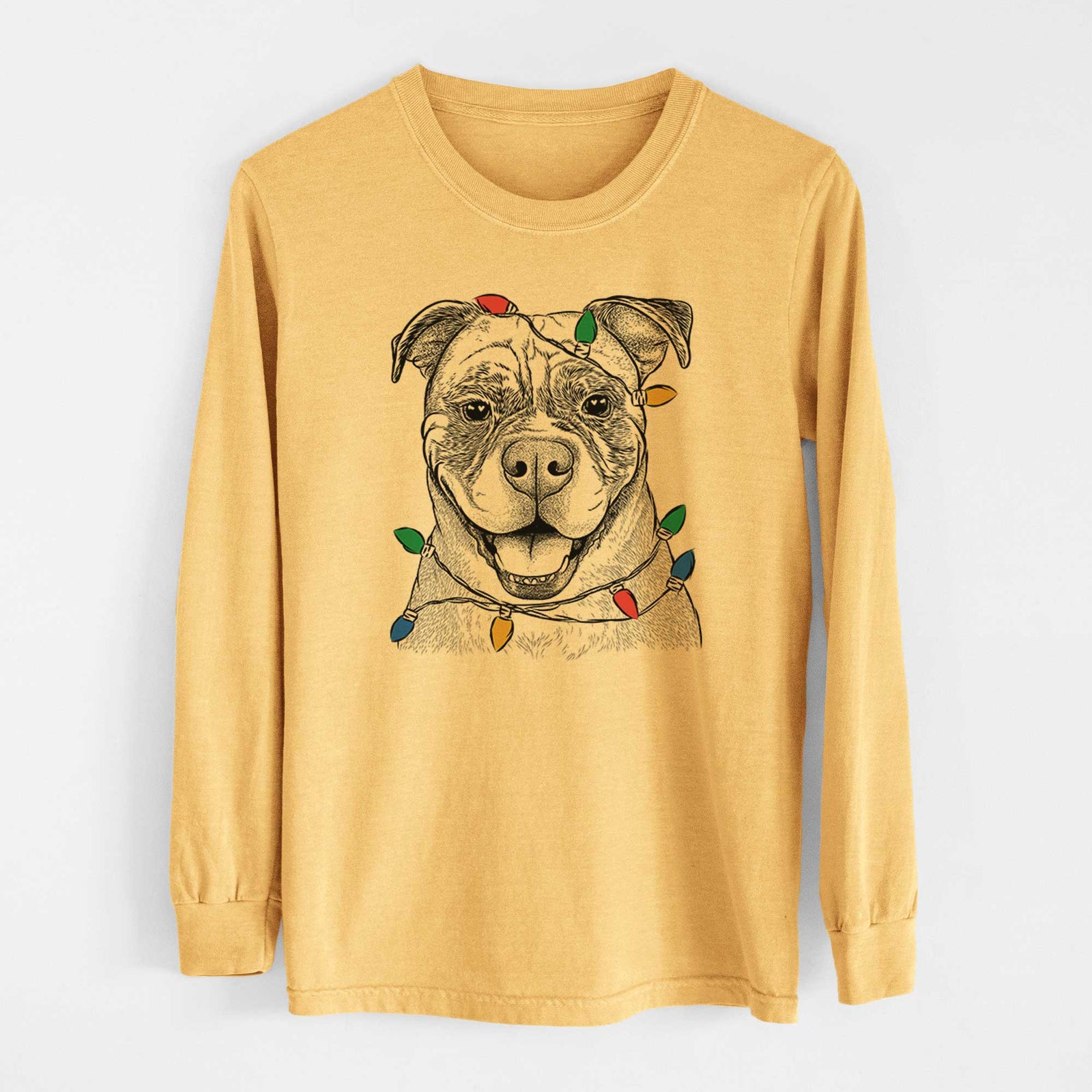 Christmas Lights Rufus the American Bulldog - Heavyweight 100% Cotton Long Sleeve
