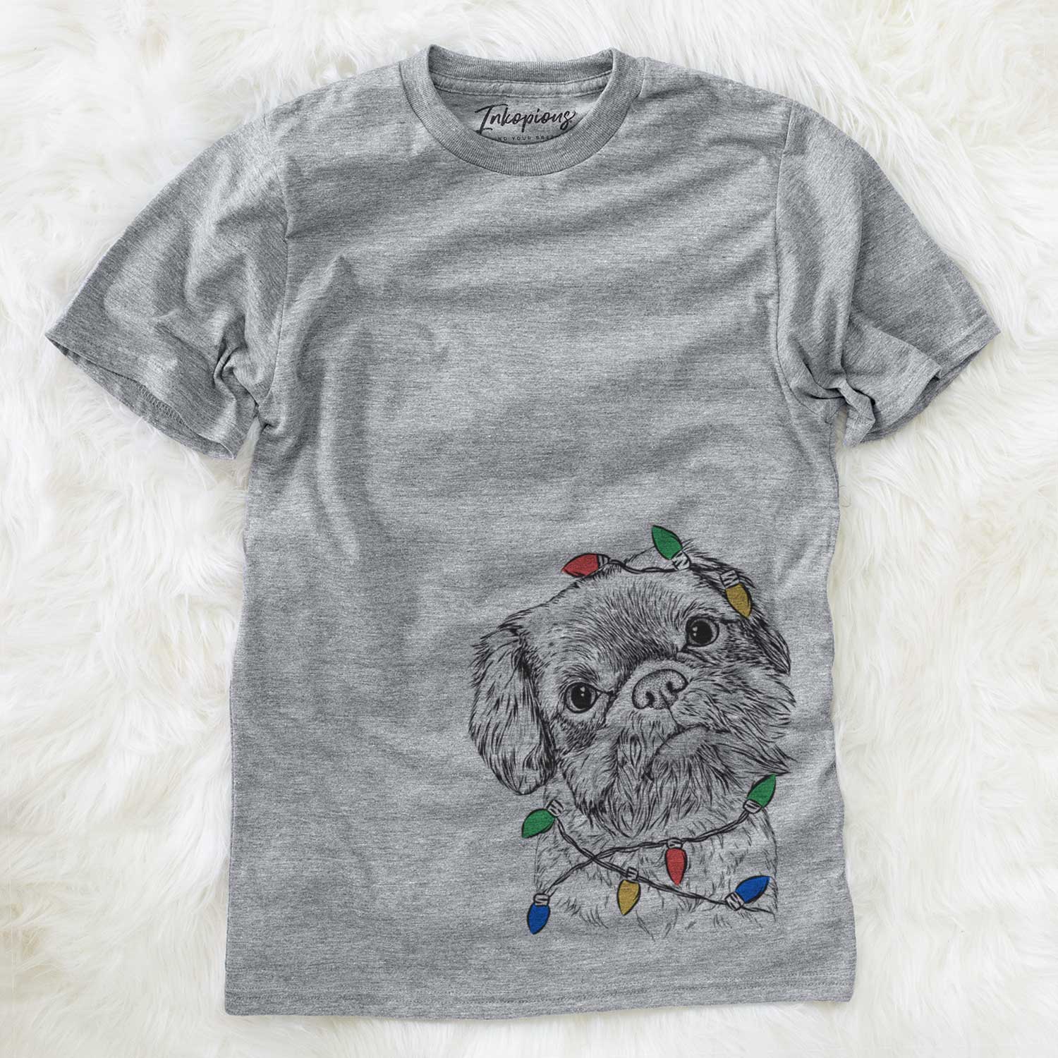 Hand-drawn sketch of Rufus the Shiffon wrapped in Christmas lights on a Grey Unisex crewneck