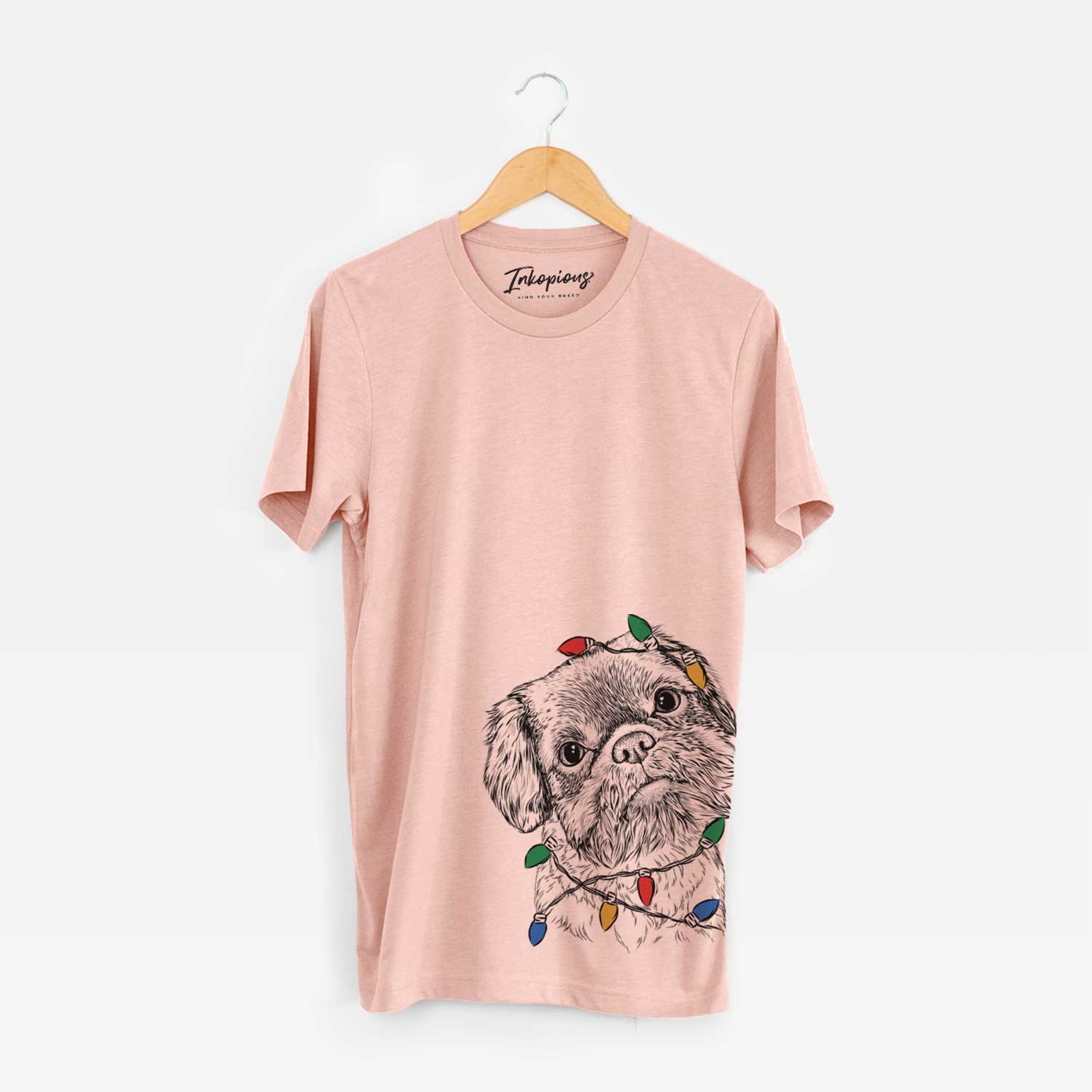 Hand-drawn sketch of Rufus the Shiffon wrapped in Christmas lights on a Peach Unisex crewneck