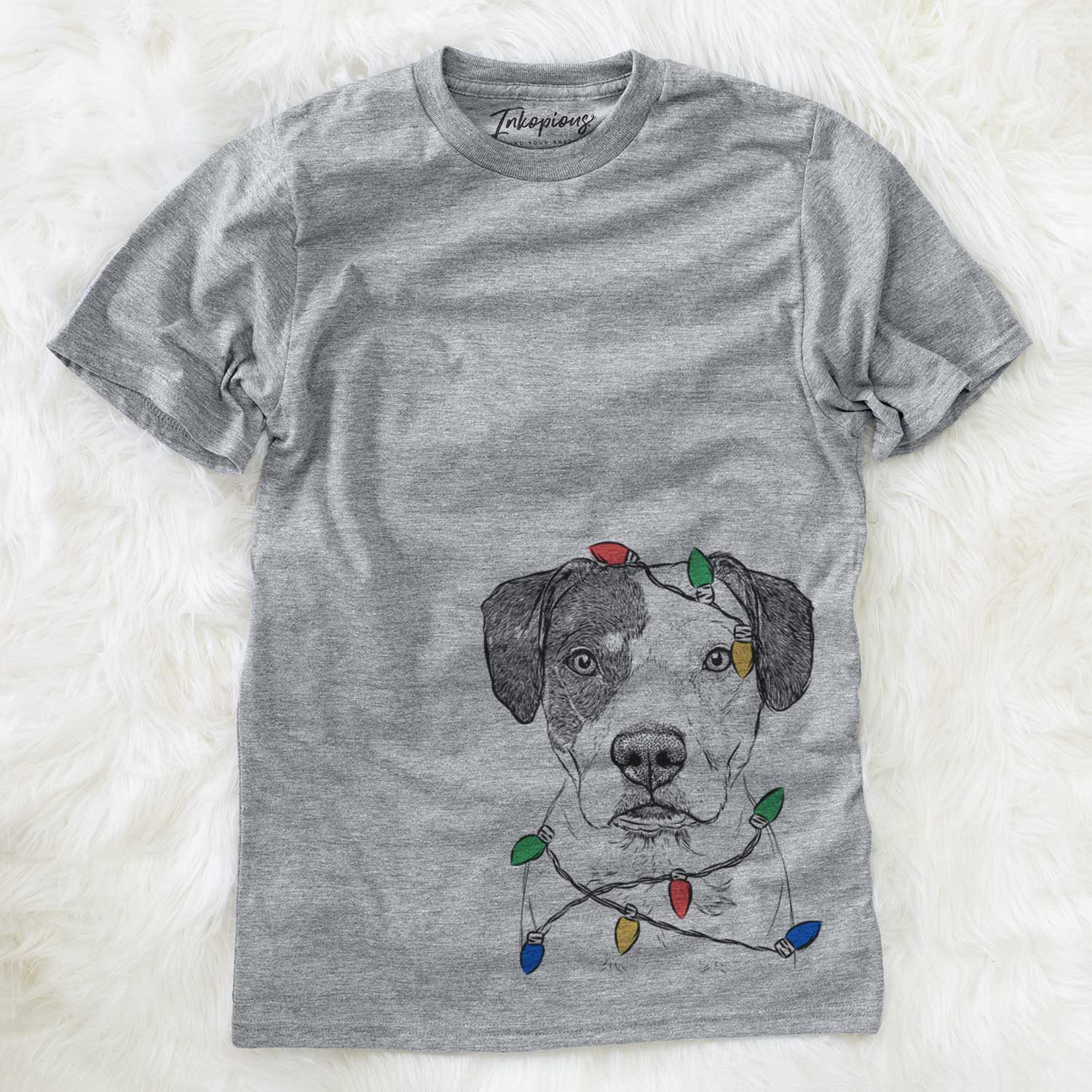 Hand-drawn sketch of Ryleigh the Beagle Pitbull Mix wrapped in Christmas lights on a Grey Unisex crewneck
