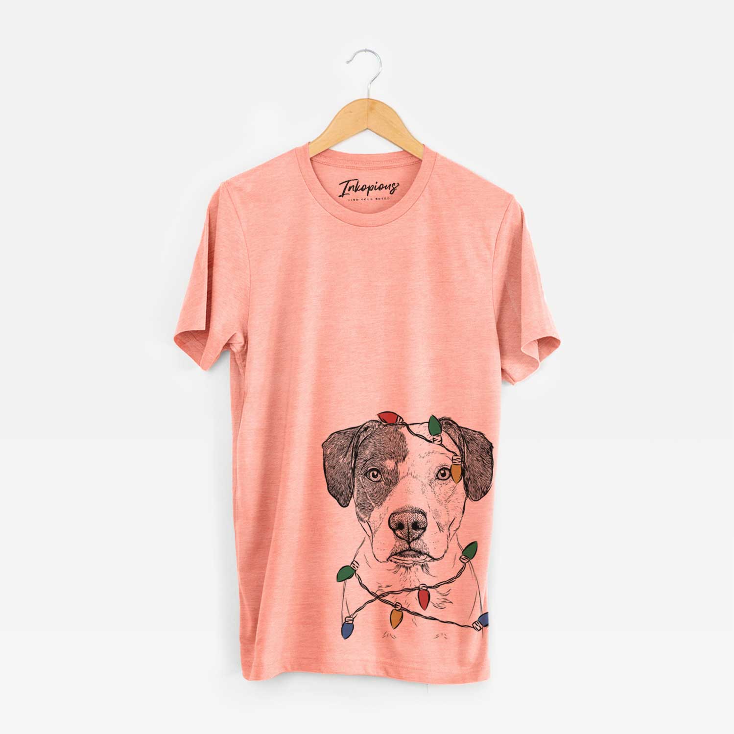 Hand-drawn sketch of Ryleigh the Beagle Pitbull Mix wrapped in Christmas lights on a Sunset Unisex crewneck