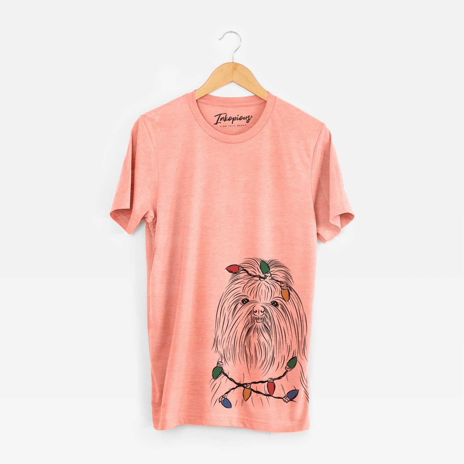 Hand-drawn sketch of Sabine the Shih Tzu wrapped in Christmas lights on a Sunset Unisex crewneck