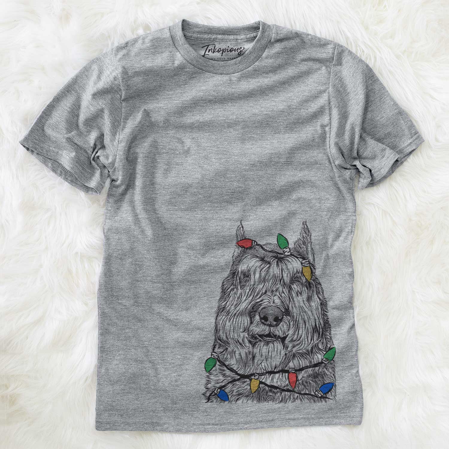Hand-drawn sketch of Sabre the Bouvier Des Flandres wrapped in Christmas lights on a Grey Unisex crewneck