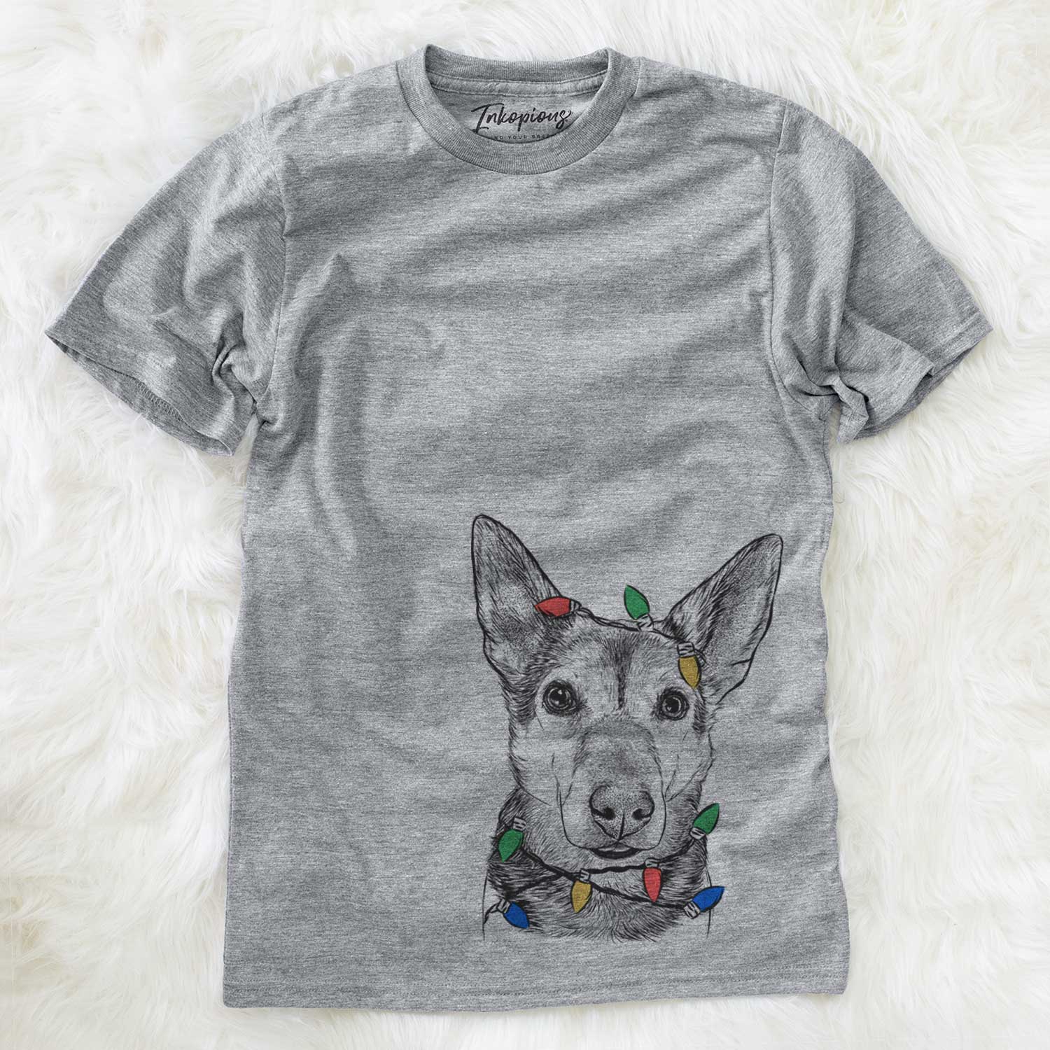 Hand-drawn sketch of Sammie the Mixed Breed wrapped in Christmas lights on a Grey Unisex crewneck