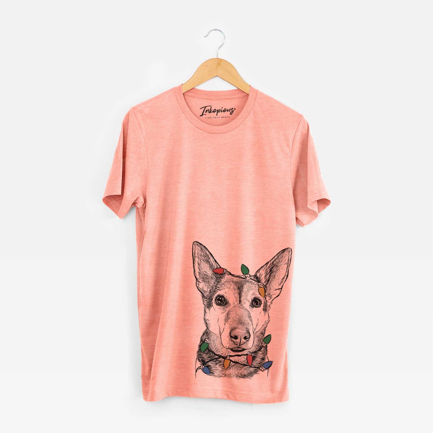 Hand-drawn sketch of Sammie the Mixed Breed wrapped in Christmas lights on a Sunset Unisex crewneck