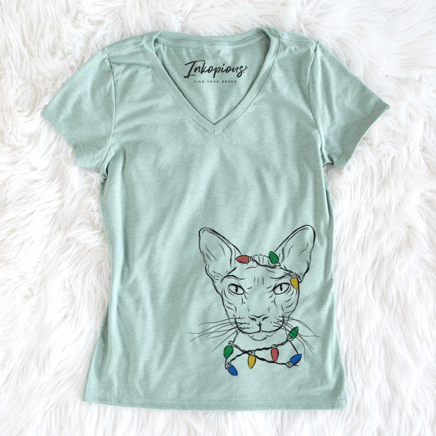 Christmas Lights Sammy the Spinx Cat - Women's V-neck Shirt