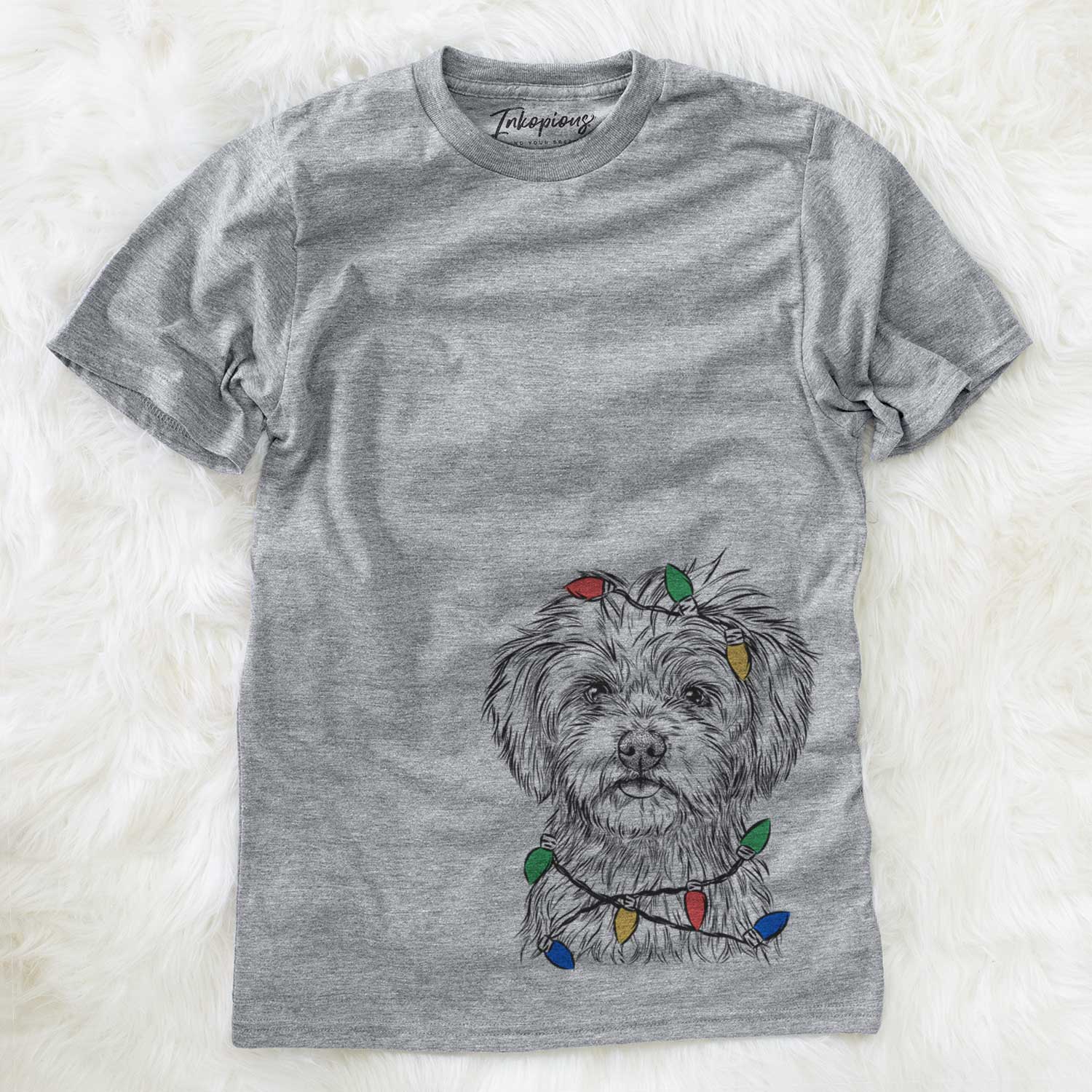 Hand-drawn sketch of Sammy the Shorkie wrapped in Christmas lights on a Grey Unisex crewneck