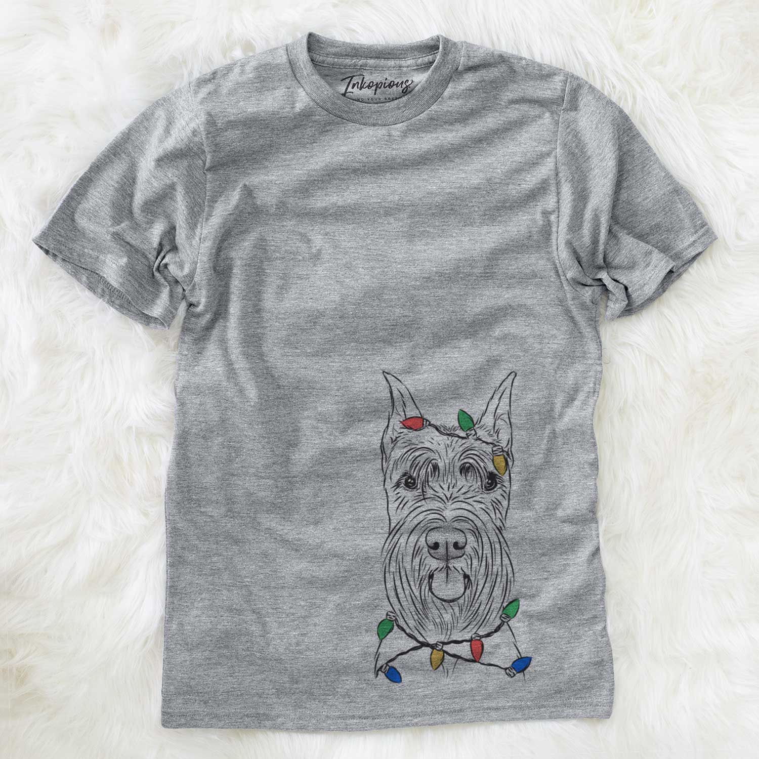 Hand-drawn sketch of Samuel the Standard Schnauzer wrapped in Christmas lights on a Grey Unisex crewneck