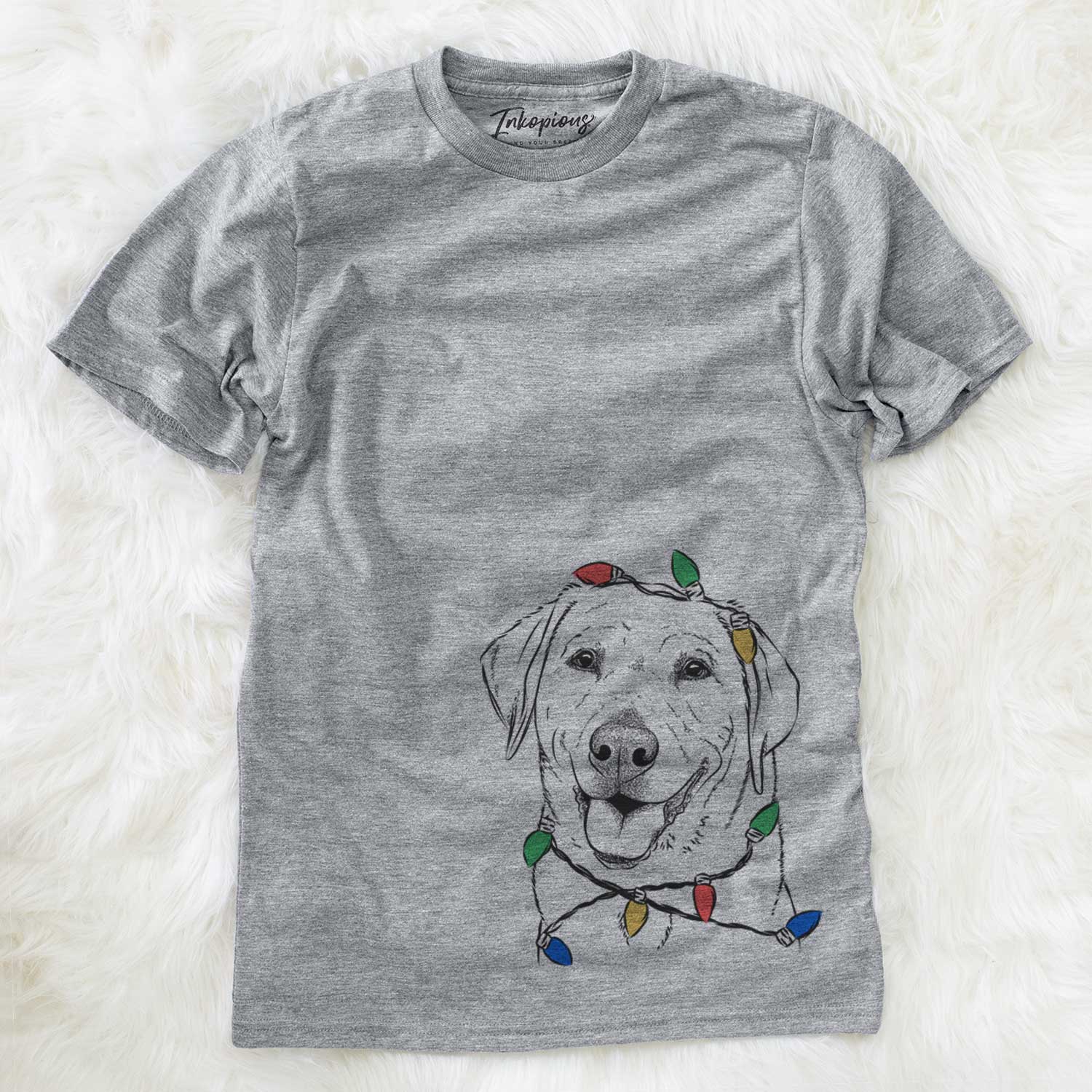 Hand-drawn sketch of Sanford the Labrador Retriever wrapped in Christmas lights on a Grey Unisex crewneck