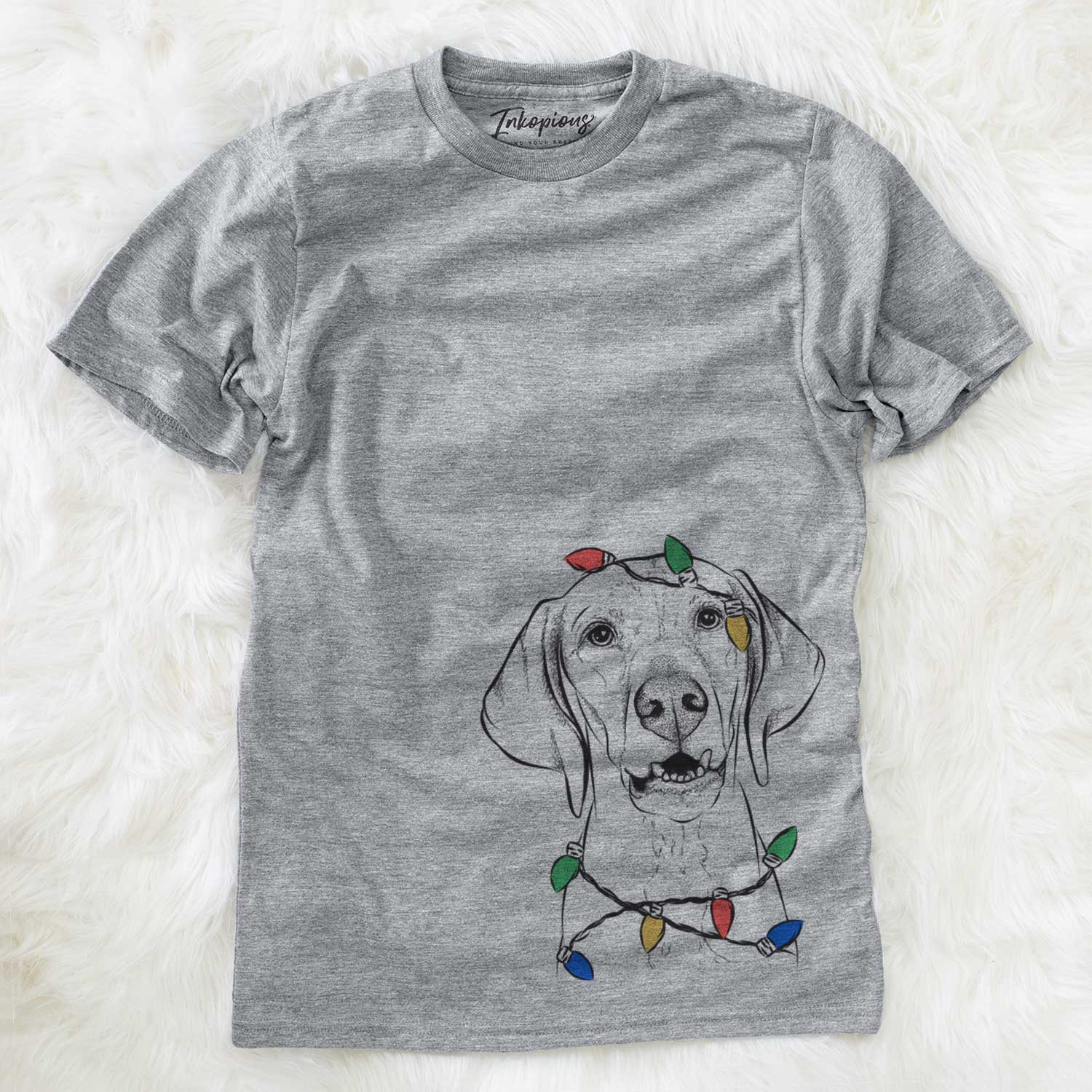 Hand-drawn sketch of Sarge the Vizsla wrapped in Christmas lights on a Grey Unisex crewneck
