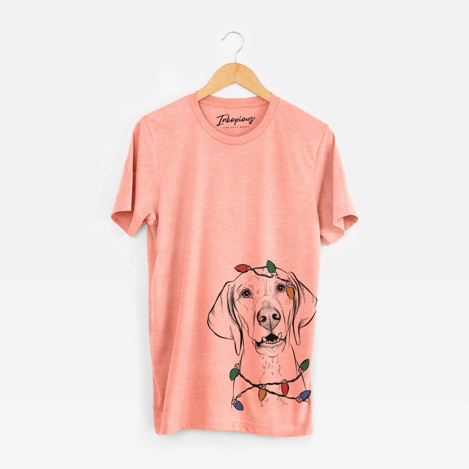Hand-drawn sketch of Sarge the Vizsla wrapped in Christmas lights on a Sunset Unisex crewneck