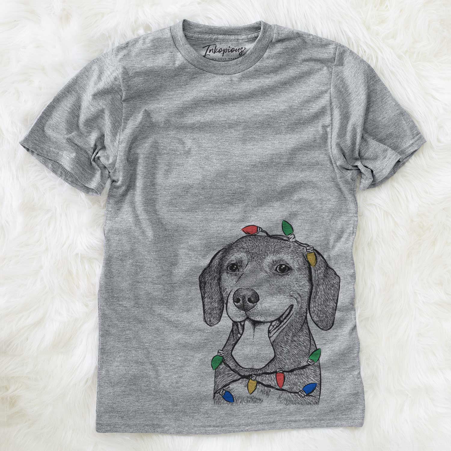 Hand-drawn sketch of Scarlett the Beagle wrapped in Christmas lights on a Grey Unisex crewneck