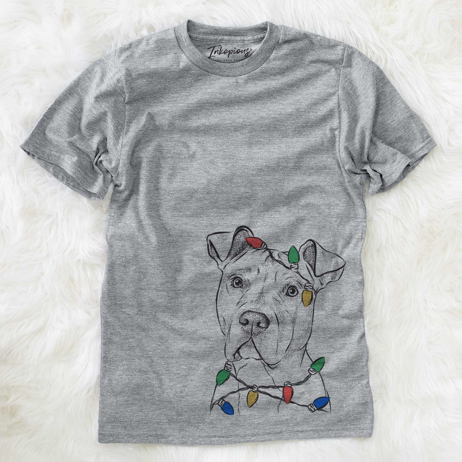 Hand-drawn sketch of Scraps the American Staffordshire Mix wrapped in Christmas lights on a Grey Unisex crewneck