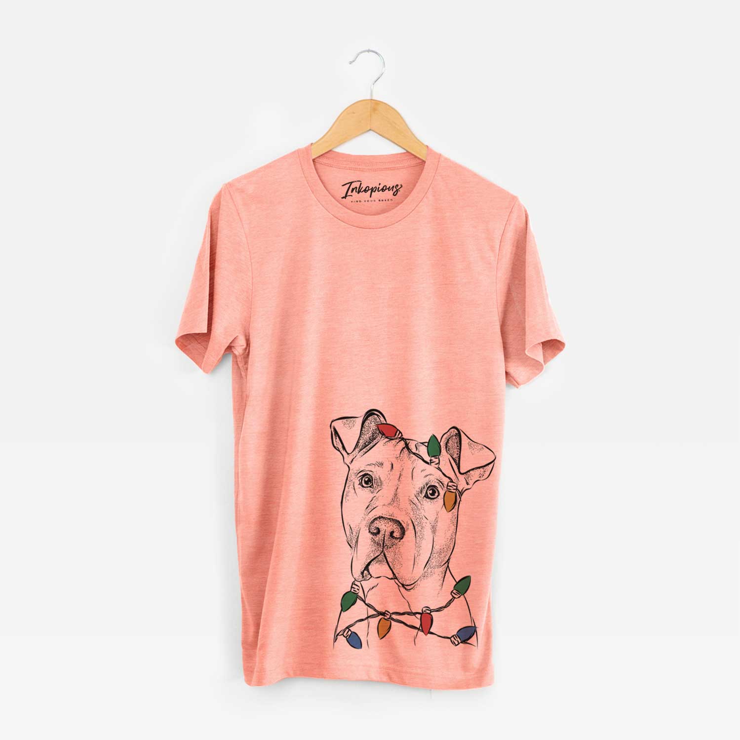 Hand-drawn sketch of Scraps the American Staffordshire Mix wrapped in Christmas lights on a Sunset Unisex crewneck