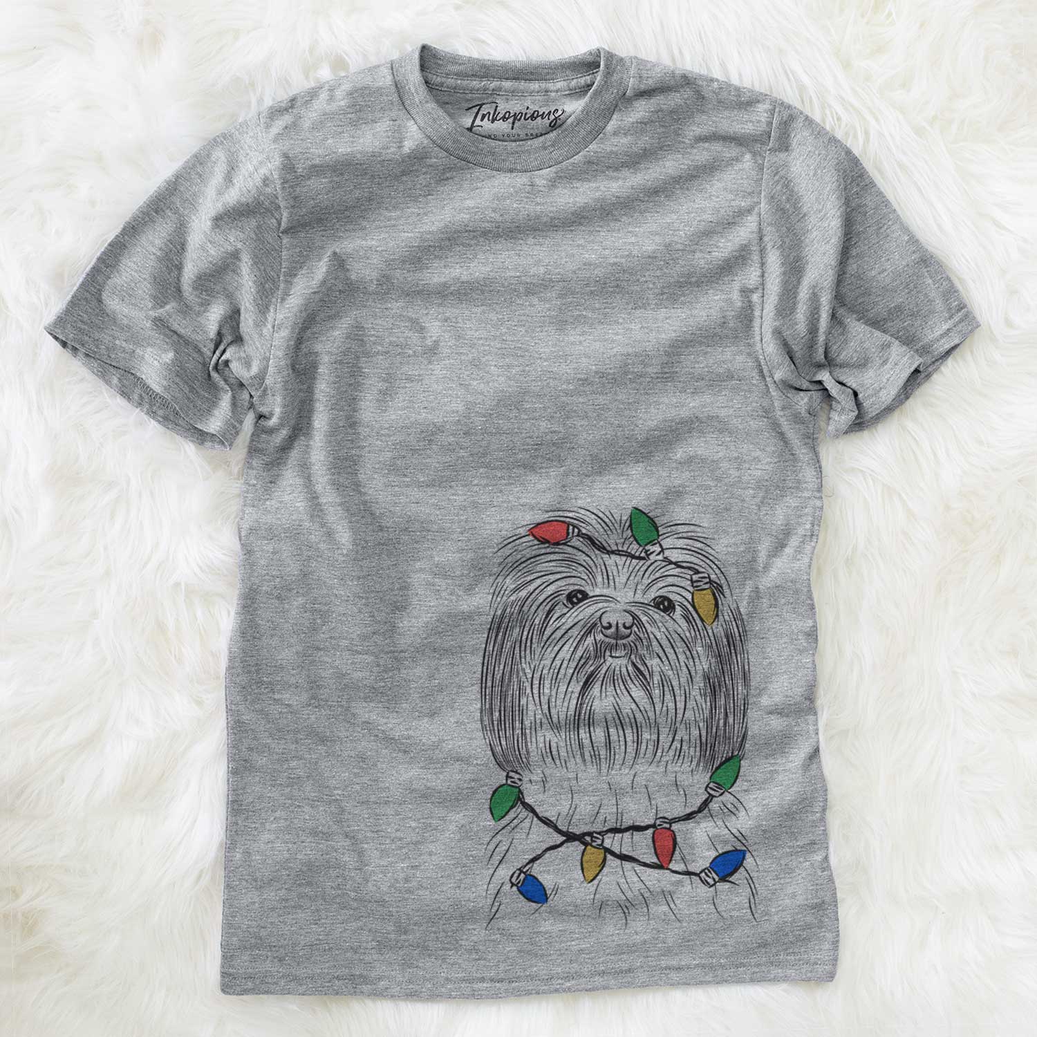 Hand-drawn sketch of Scully the Shih Tzu wrapped in Christmas lights on a Grey Unisex crewneck