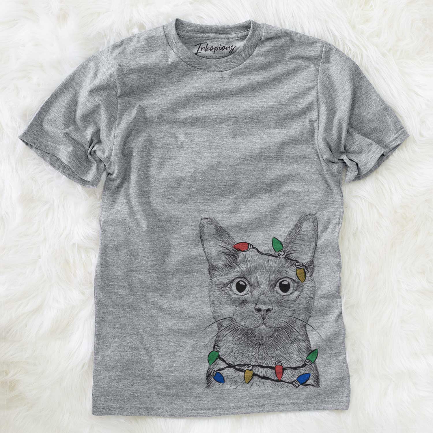 Hand-drawn sketch of Shadow the Black Cat wrapped in Christmas lights on a Grey Unisex crewneck