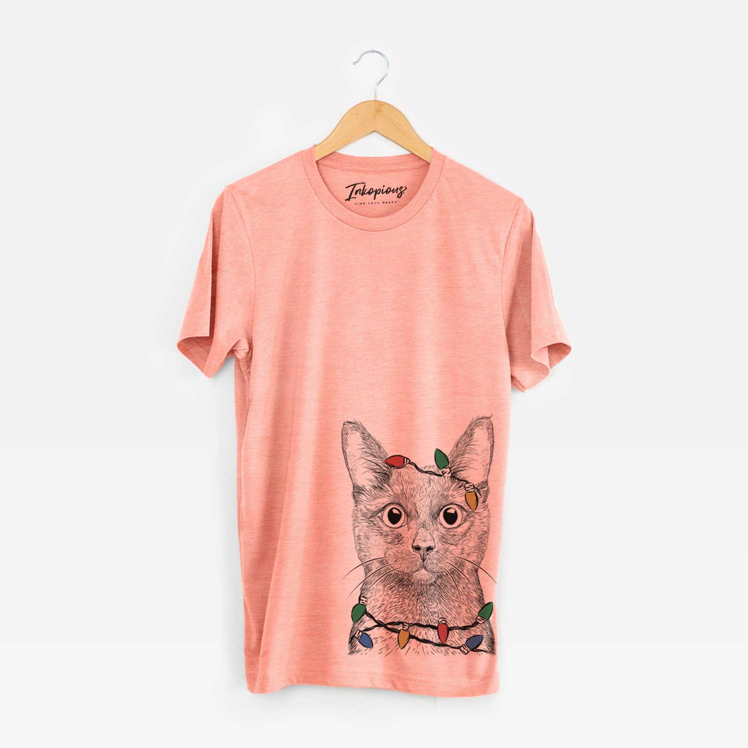 Hand-drawn sketch of Shadow the Black Cat wrapped in Christmas lights on a Sunset Unisex crewneck