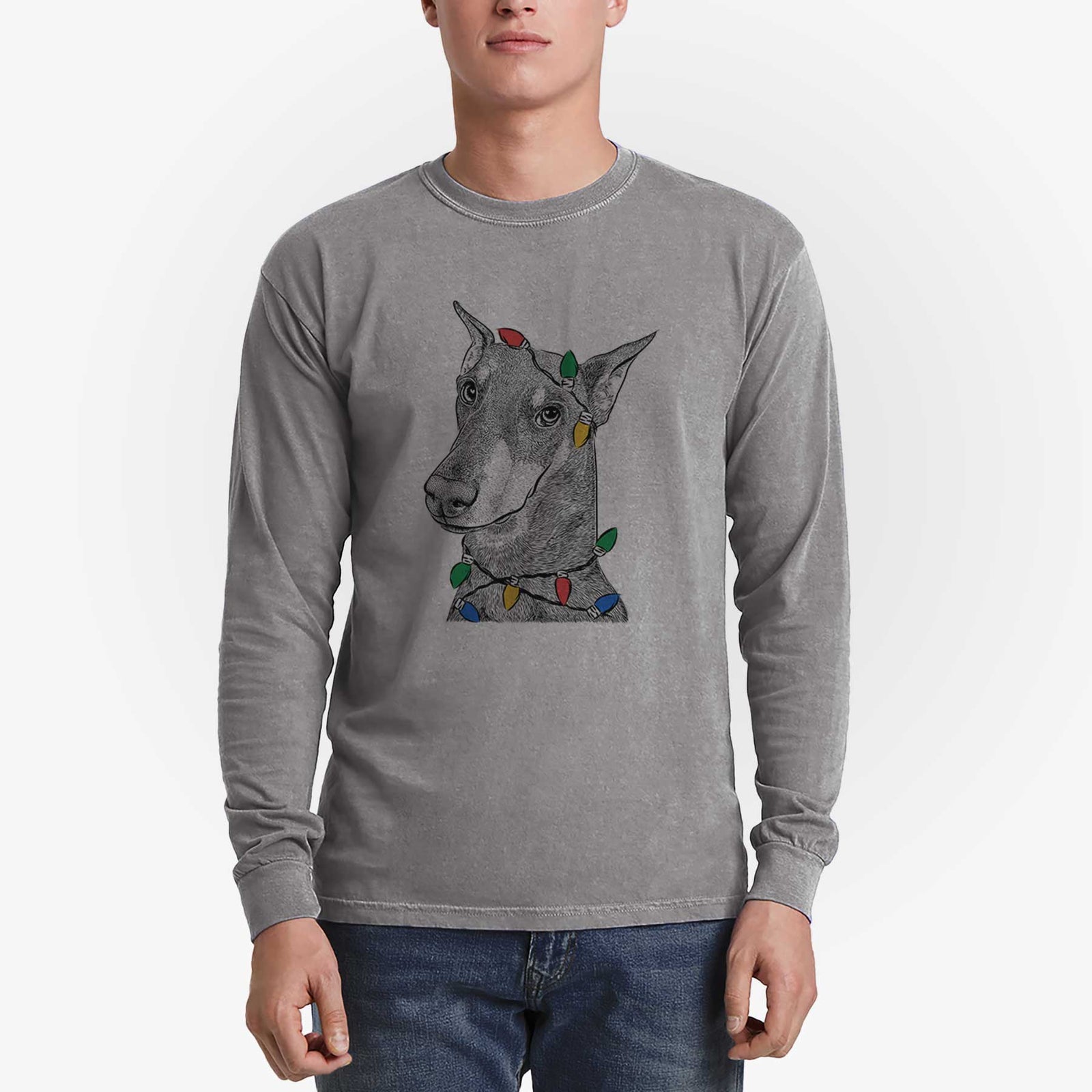 Christmas Lights Shelby the Doberman Pinscher - Heavyweight 100% Cotton Long Sleeve