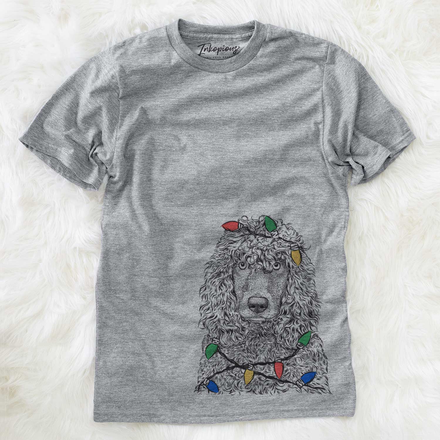 Hand-drawn sketch of Shilo the Irish Water Spaniel wrapped in Christmas lights on a Grey Unisex crewneck