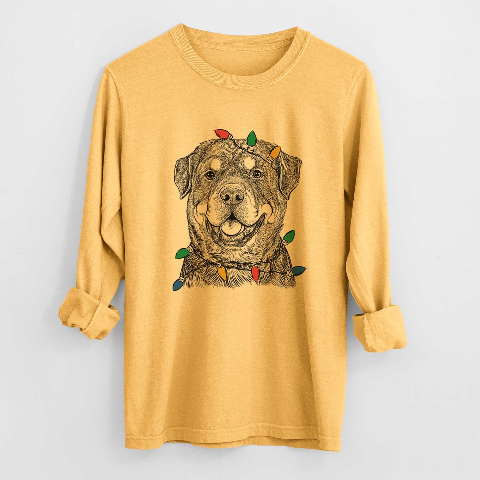 Christmas Lights Sig the Rottweiler - Heavyweight 100% Cotton Long Sleeve