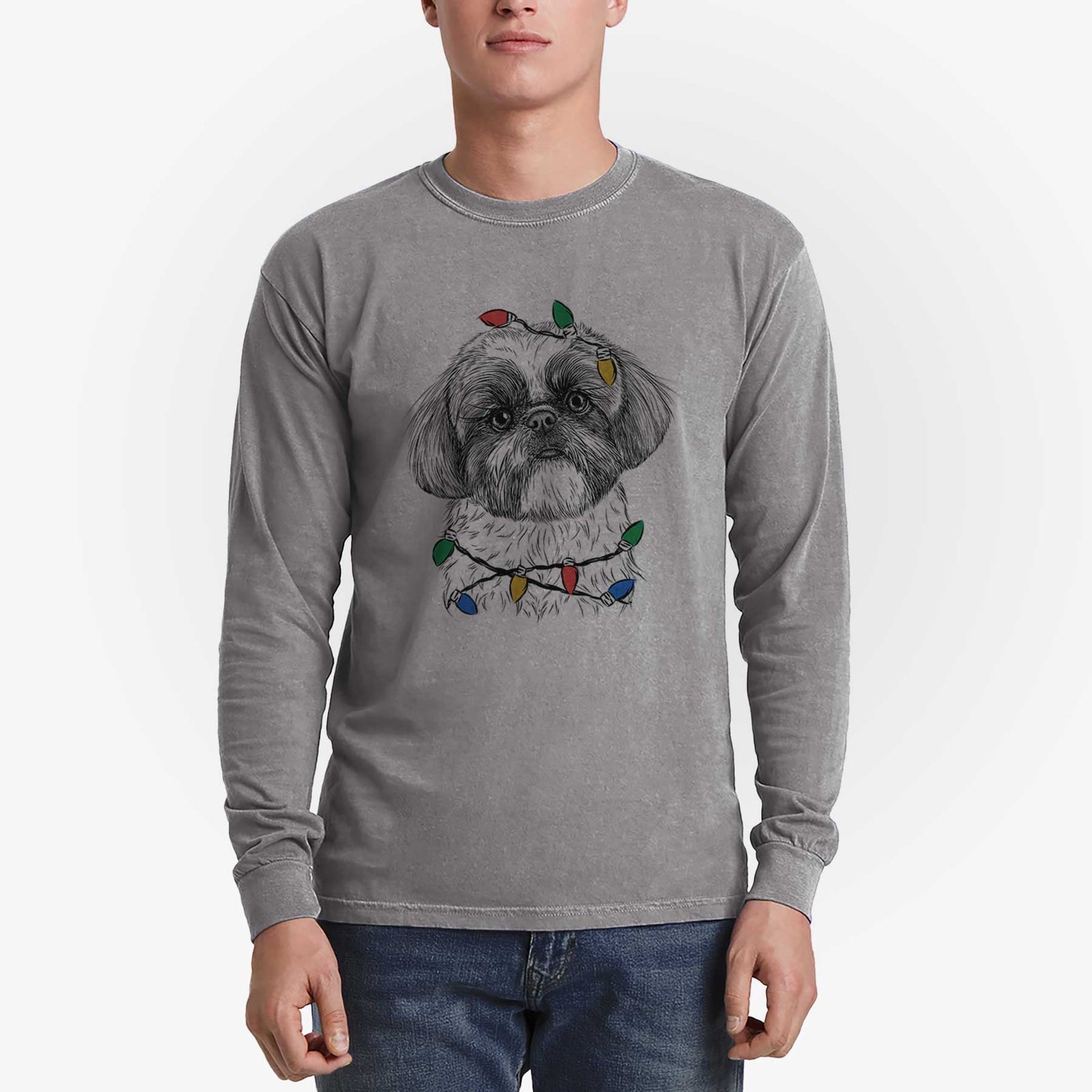 Christmas Lights Simon the Shih Tzu - Heavyweight 100% Cotton Long Sleeve