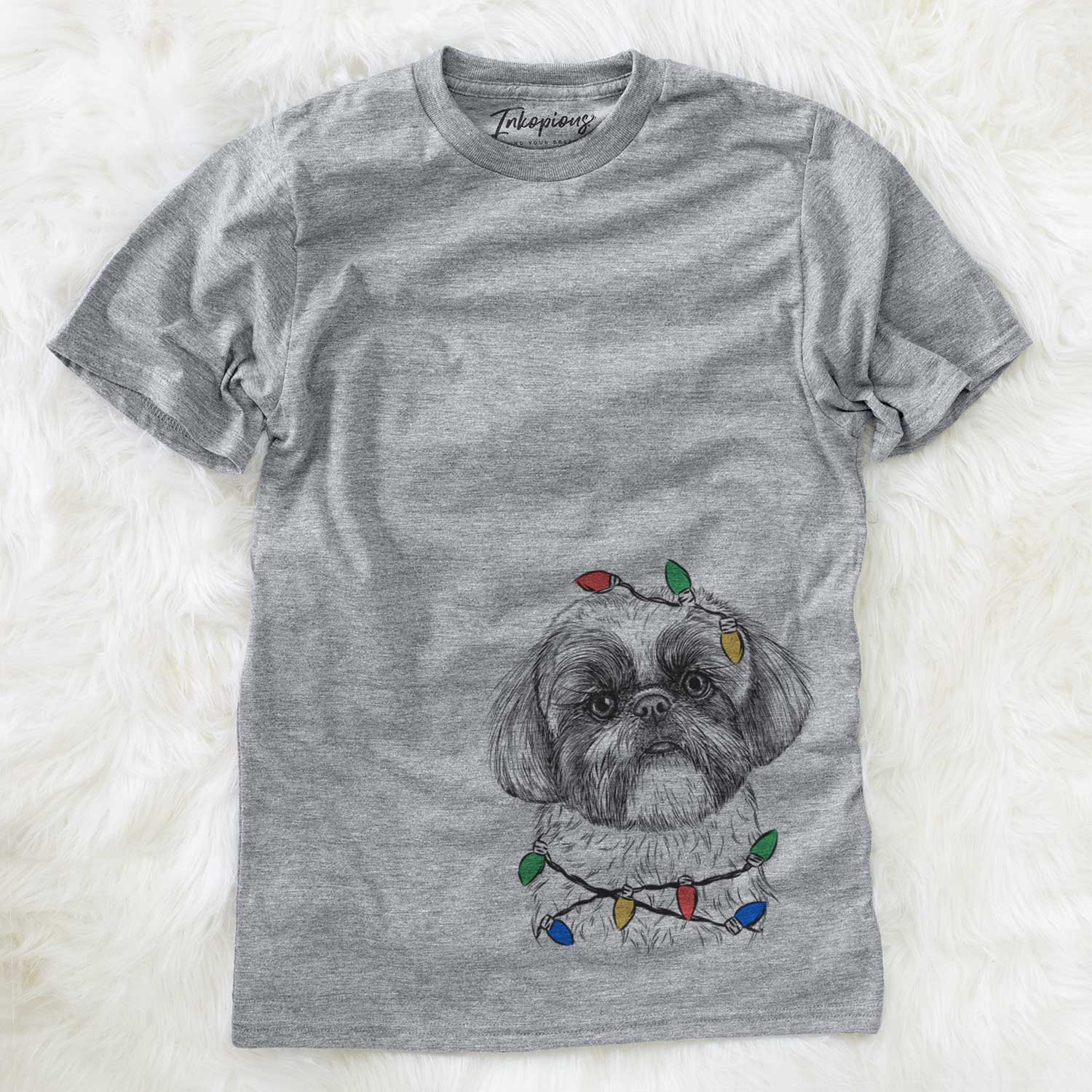 Hand-drawn sketch of Simon the Shih Tzu wrapped in Christmas lights on a Grey Unisex crewneck