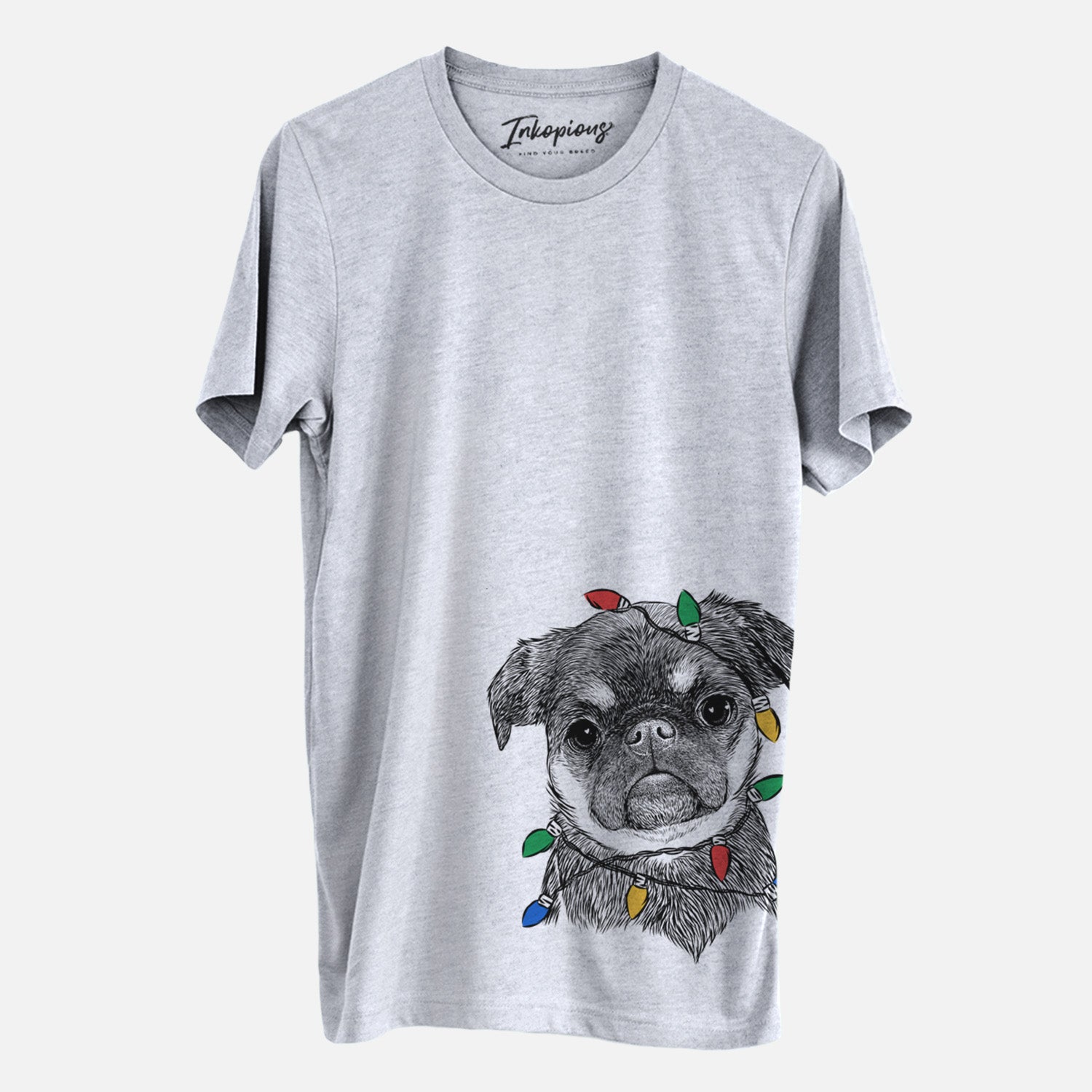 Hand-drawn sketch of Simone the Brussels Griffon wrapped in Christmas lights on a Grey Unisex crewneck