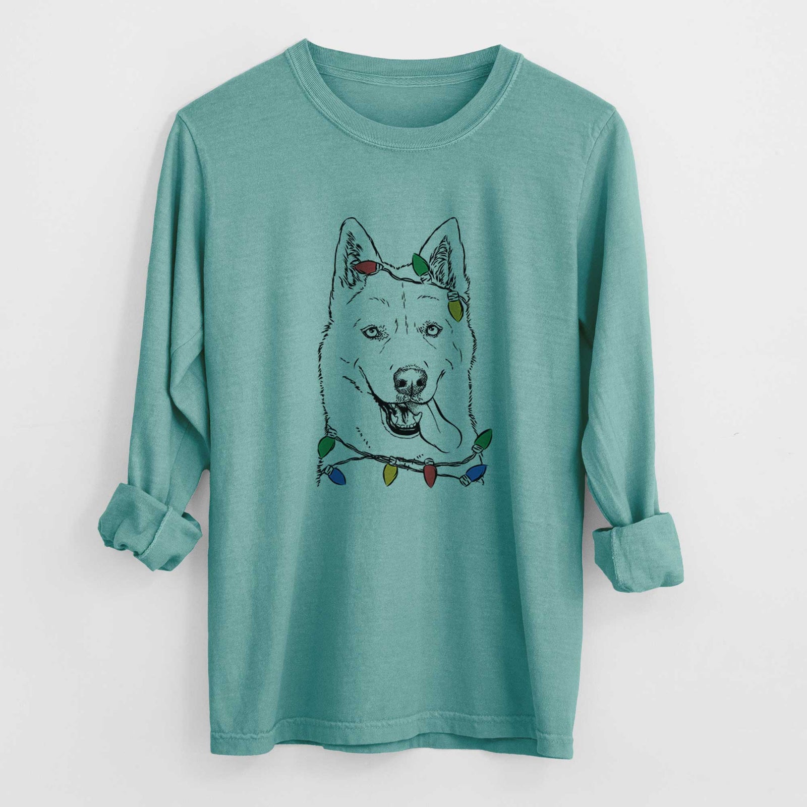 Christmas Lights Sinatra the Siberian Husky - Heavyweight 100% Cotton Long Sleeve