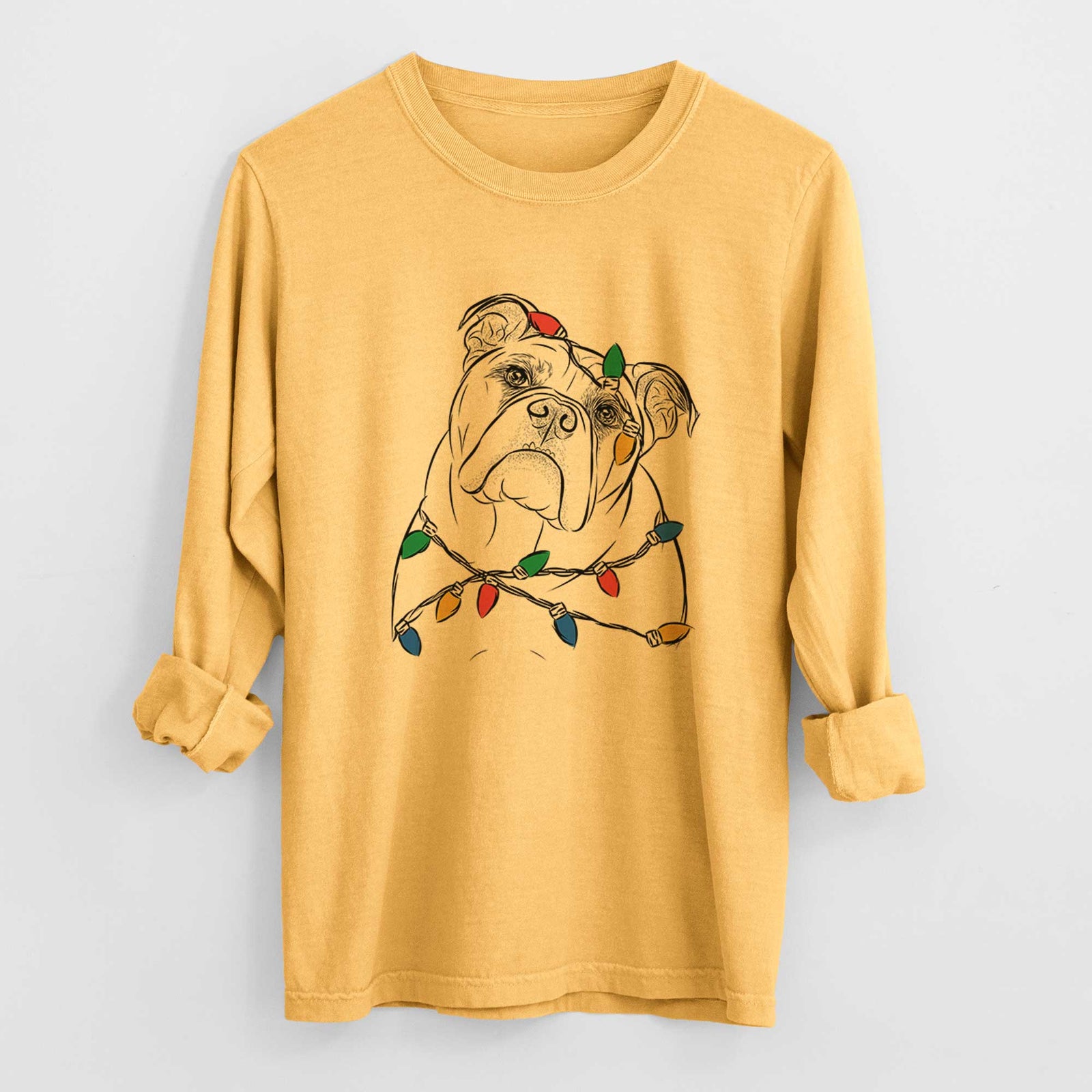 Christmas Lights Sir Louis the English Bulldog - Heavyweight 100% Cotton Long Sleeve
