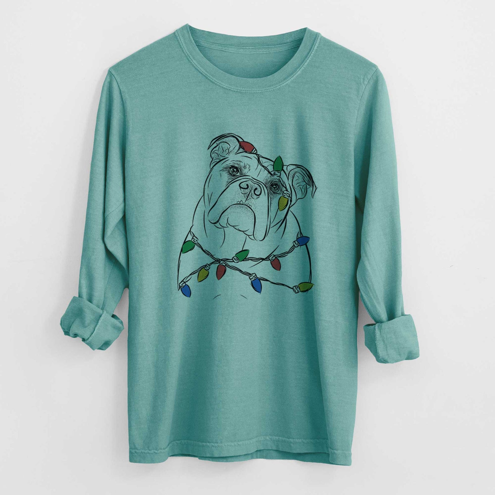 Christmas Lights Sir Louis the English Bulldog - Heavyweight 100% Cotton Long Sleeve