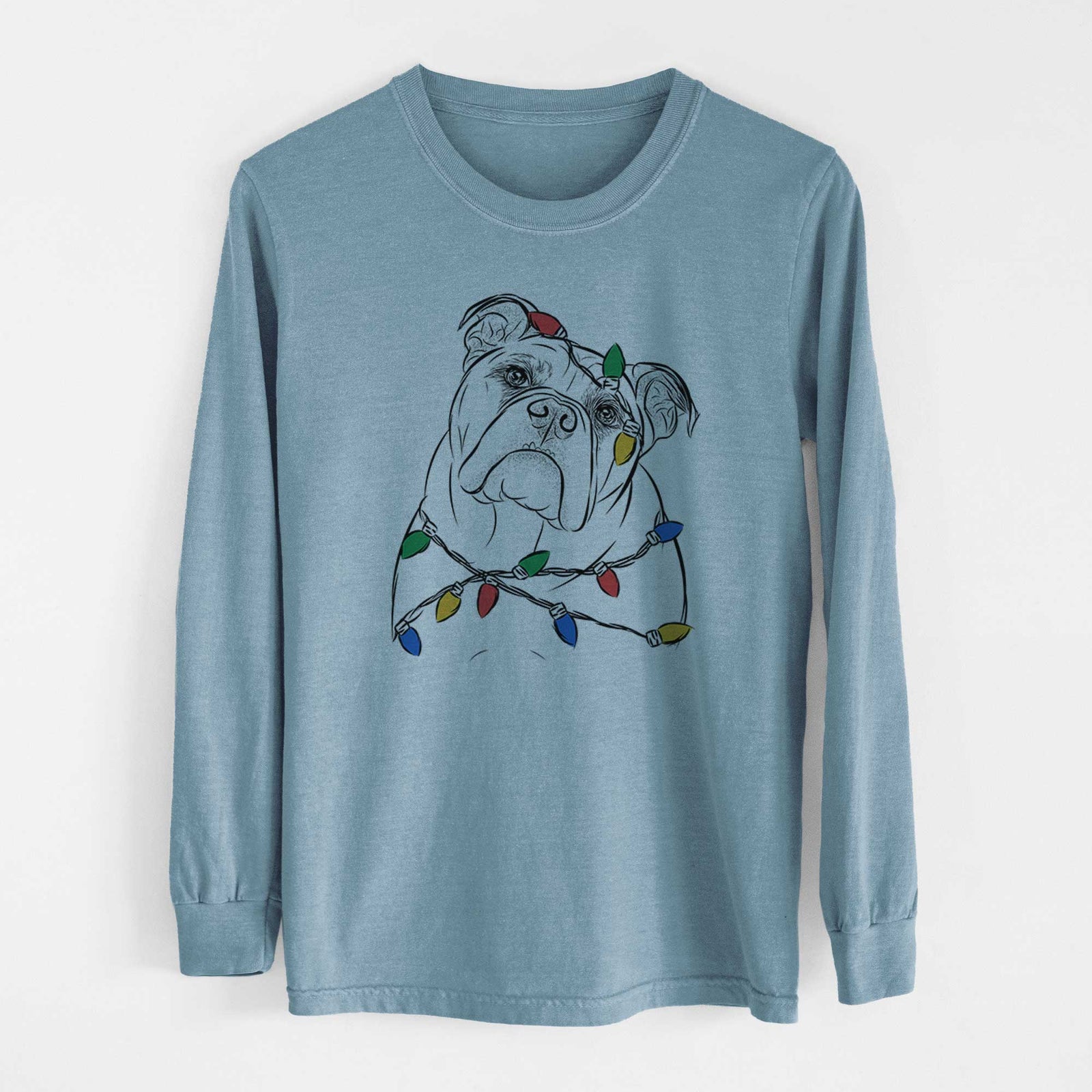 Christmas Lights Sir Louis the English Bulldog - Heavyweight 100% Cotton Long Sleeve