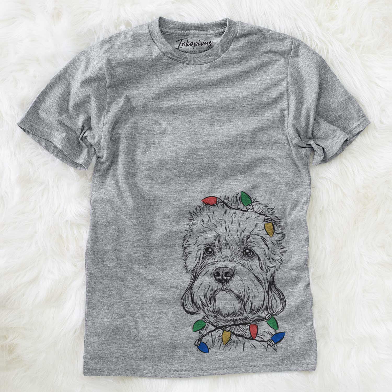 Hand-drawn sketch of Sir Walter the Dandie Dinmont Terrier wrapped in Christmas lights on a Grey Unisex crewneck