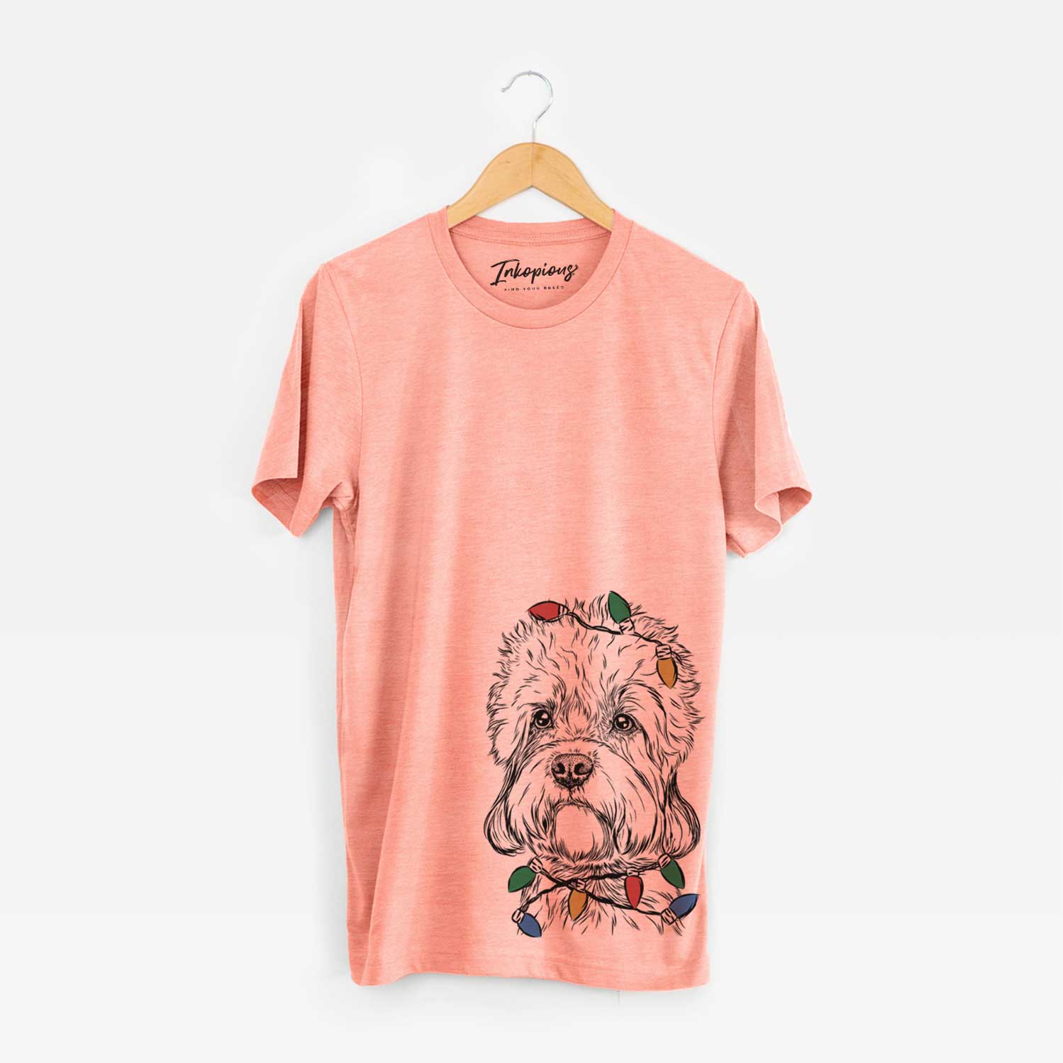 Hand-drawn sketch of Sir Walter the Dandie Dinmont Terrier wrapped in Christmas lights on a Sunset Unisex crewneck