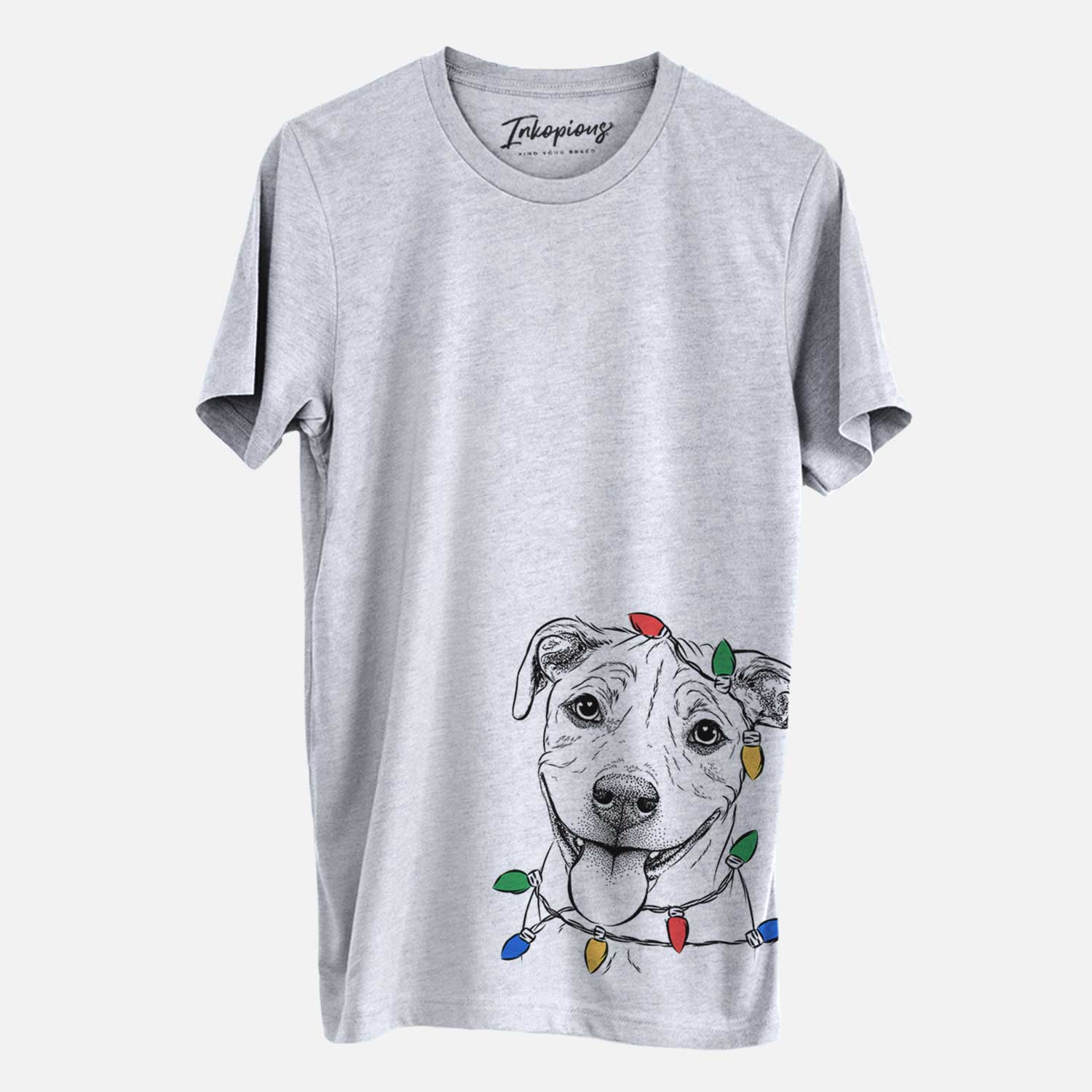 Hand-drawn sketch of Skye the Pitweiler wrapped in Christmas lights on a Grey Unisex crewneck
