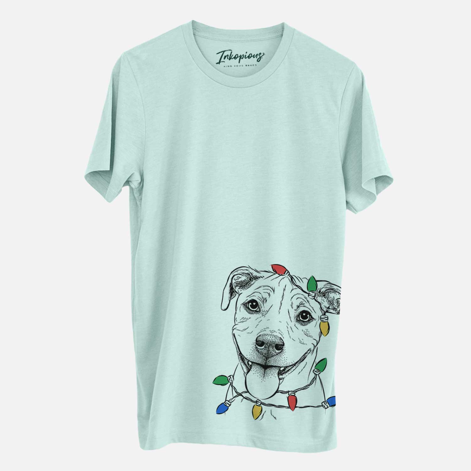 Hand-drawn sketch of Skye the Pitweiler wrapped in Christmas lights on a Heather Sage Unisex crewneck