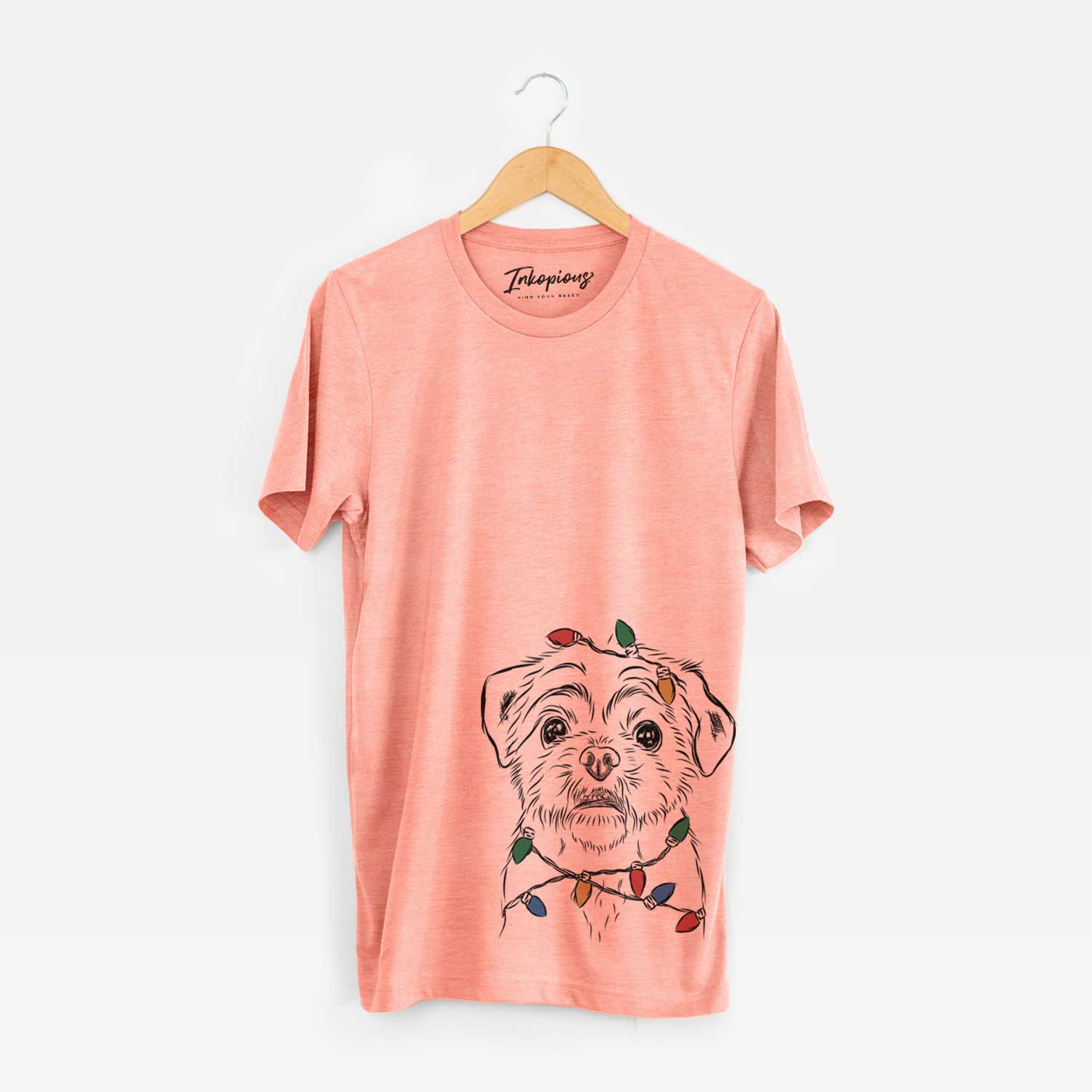 Hand-drawn sketch of Smash the Shih Tzu wrapped in Christmas lights on a Sunset Unisex crewneck