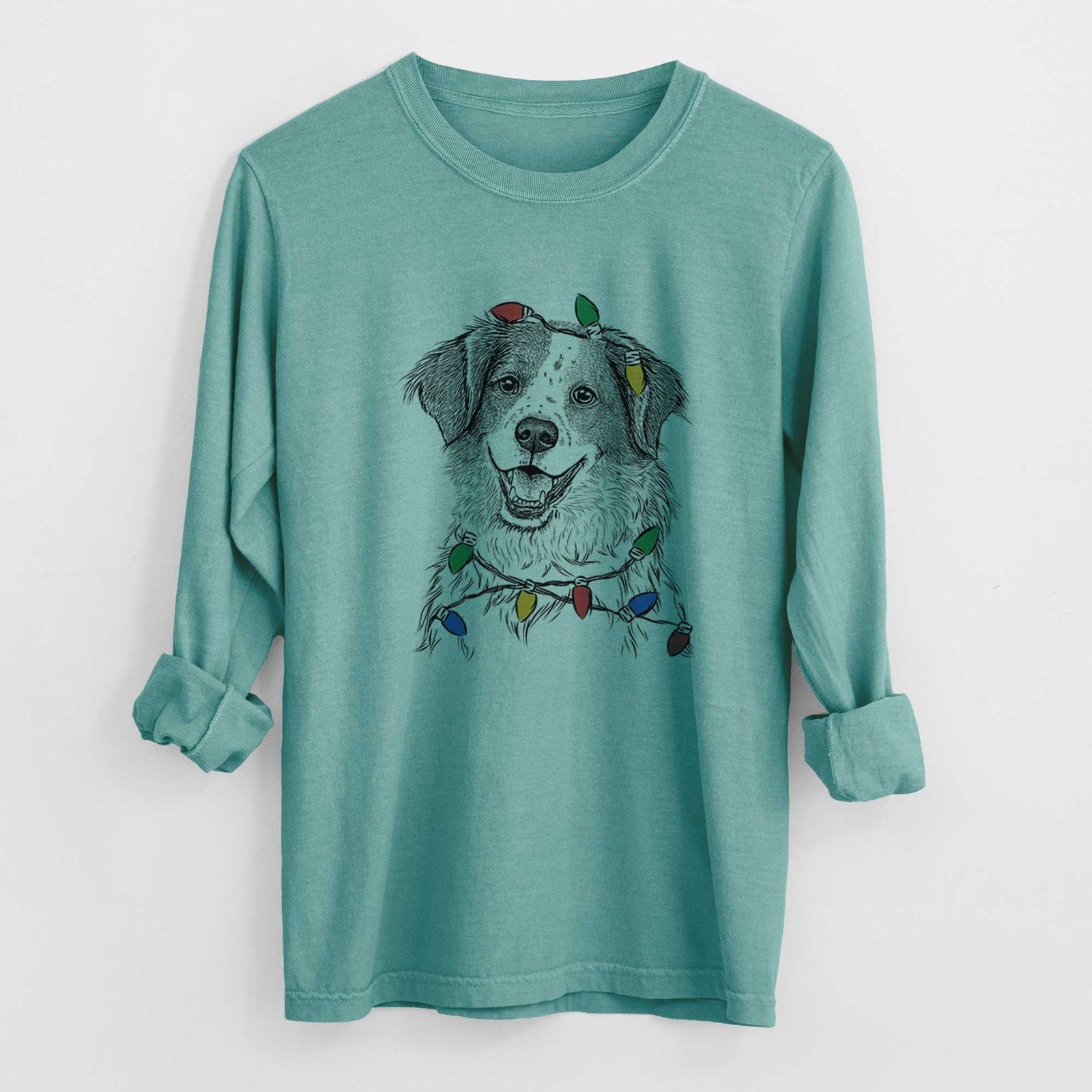 Christmas Lights Sophie the Brittany Beagle Mix - Heavyweight 100% Cotton Long Sleeve