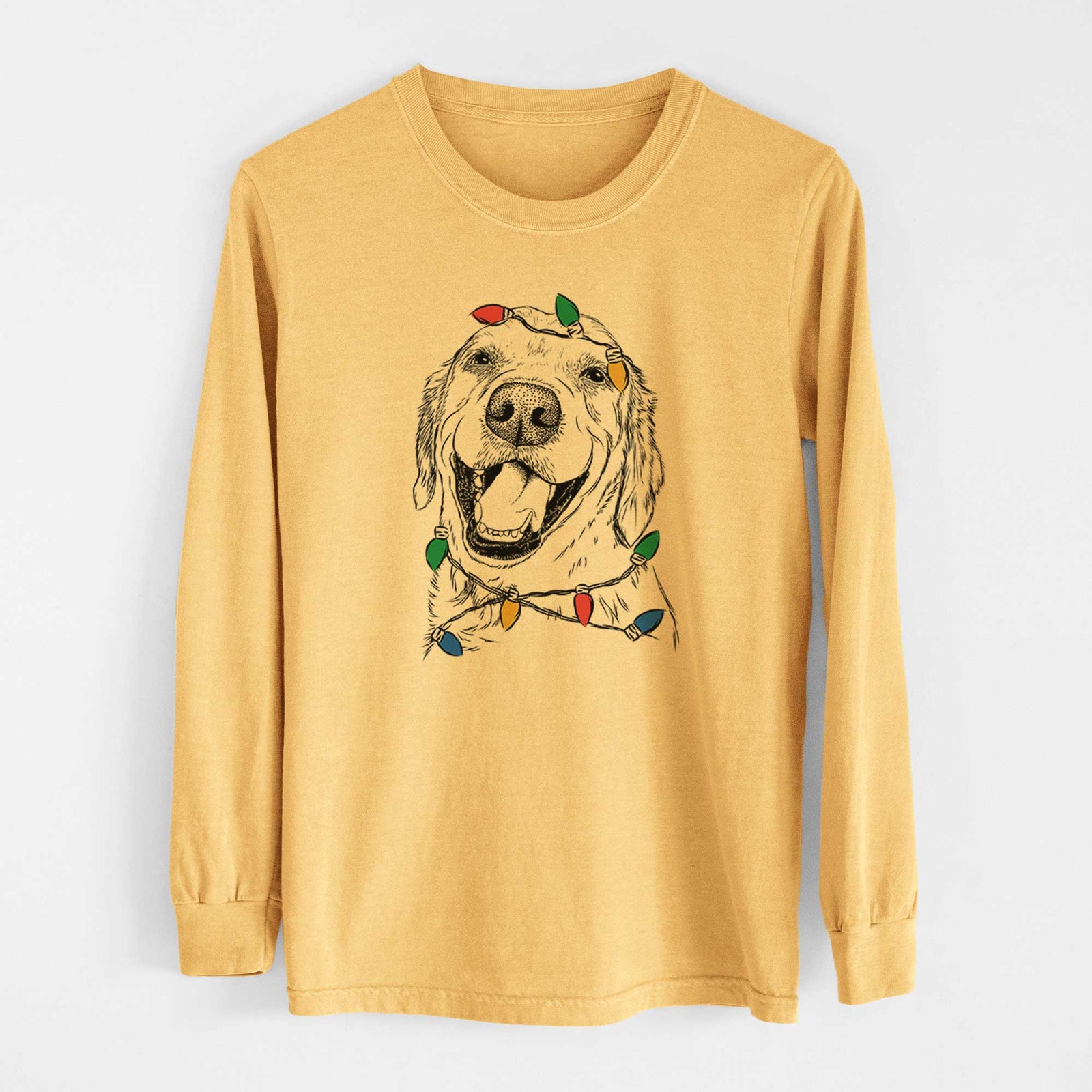 Christmas Lights Spanky the Golden Retriever - Heavyweight 100% Cotton Long Sleeve