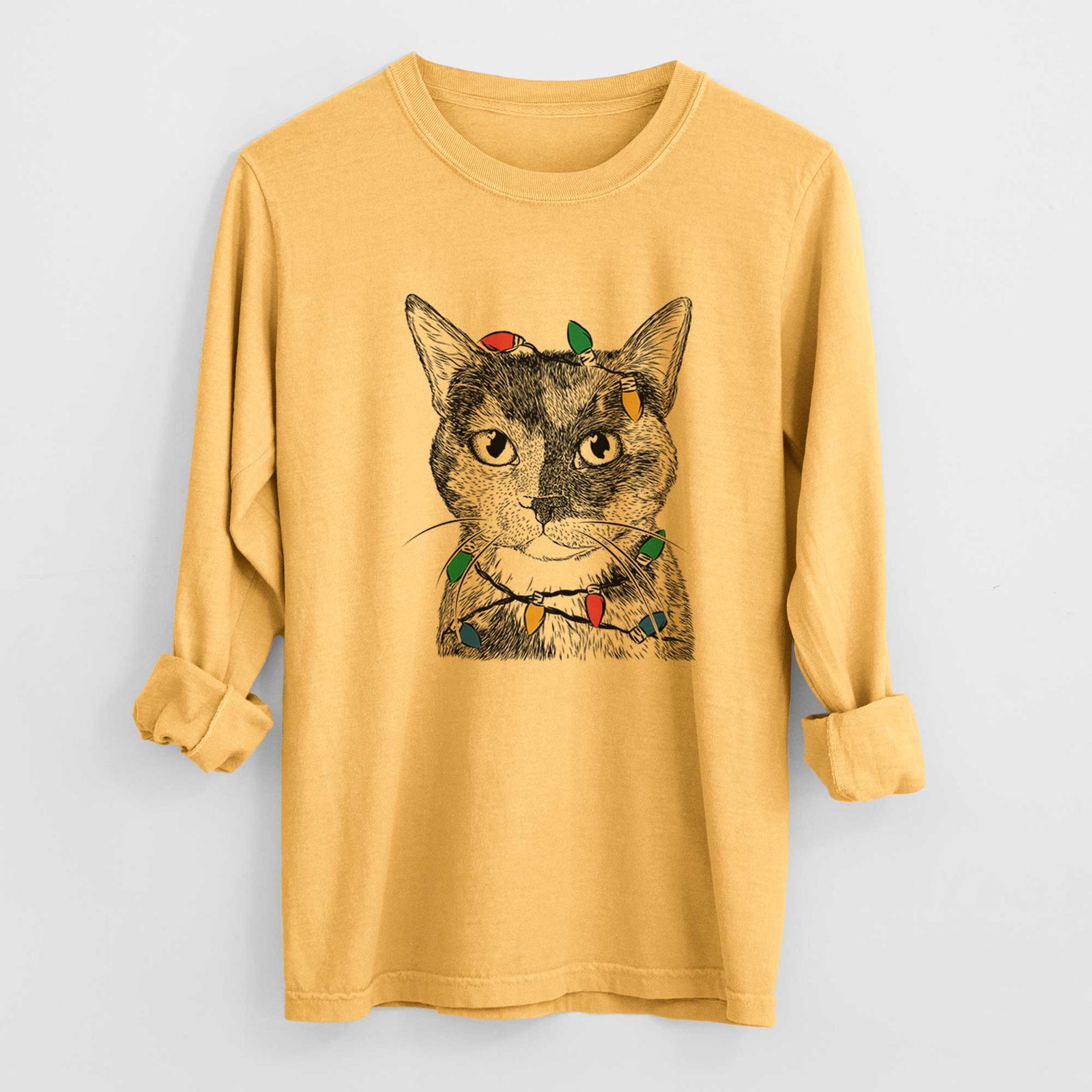 Christmas Lights Spooky Kitty the Tortoiseshell Cat - Heavyweight 100% Cotton Long Sleeve