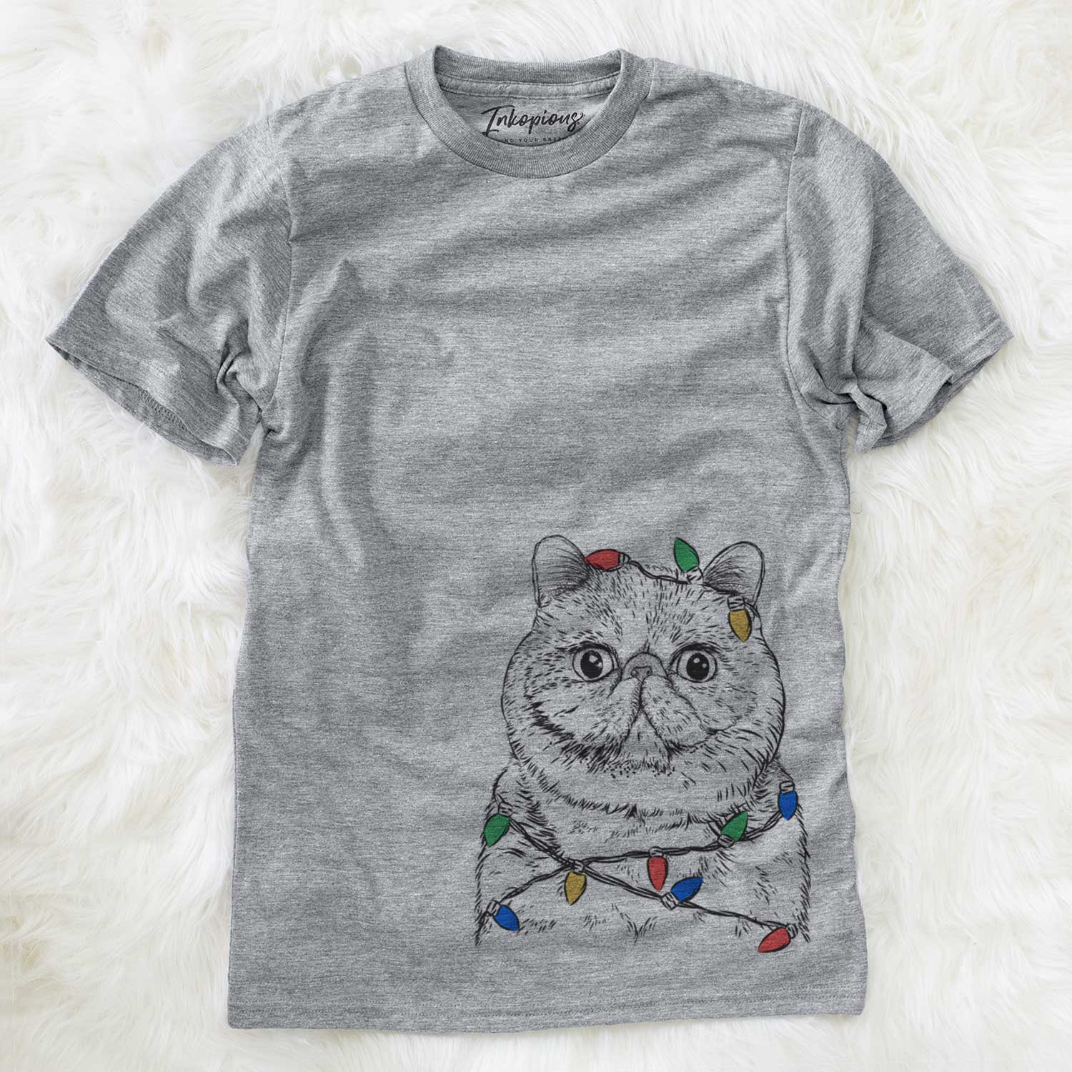 Hand-drawn sketch of Squish the Exotic Shorthair Cat wrapped in Christmas lights on a Grey Unisex crewneck