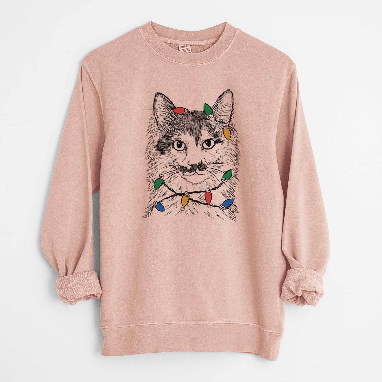 Christmas Lights Stache the Longhaired Mustard Cat - Unisex Pigment Dyed Crew Sweatshirt