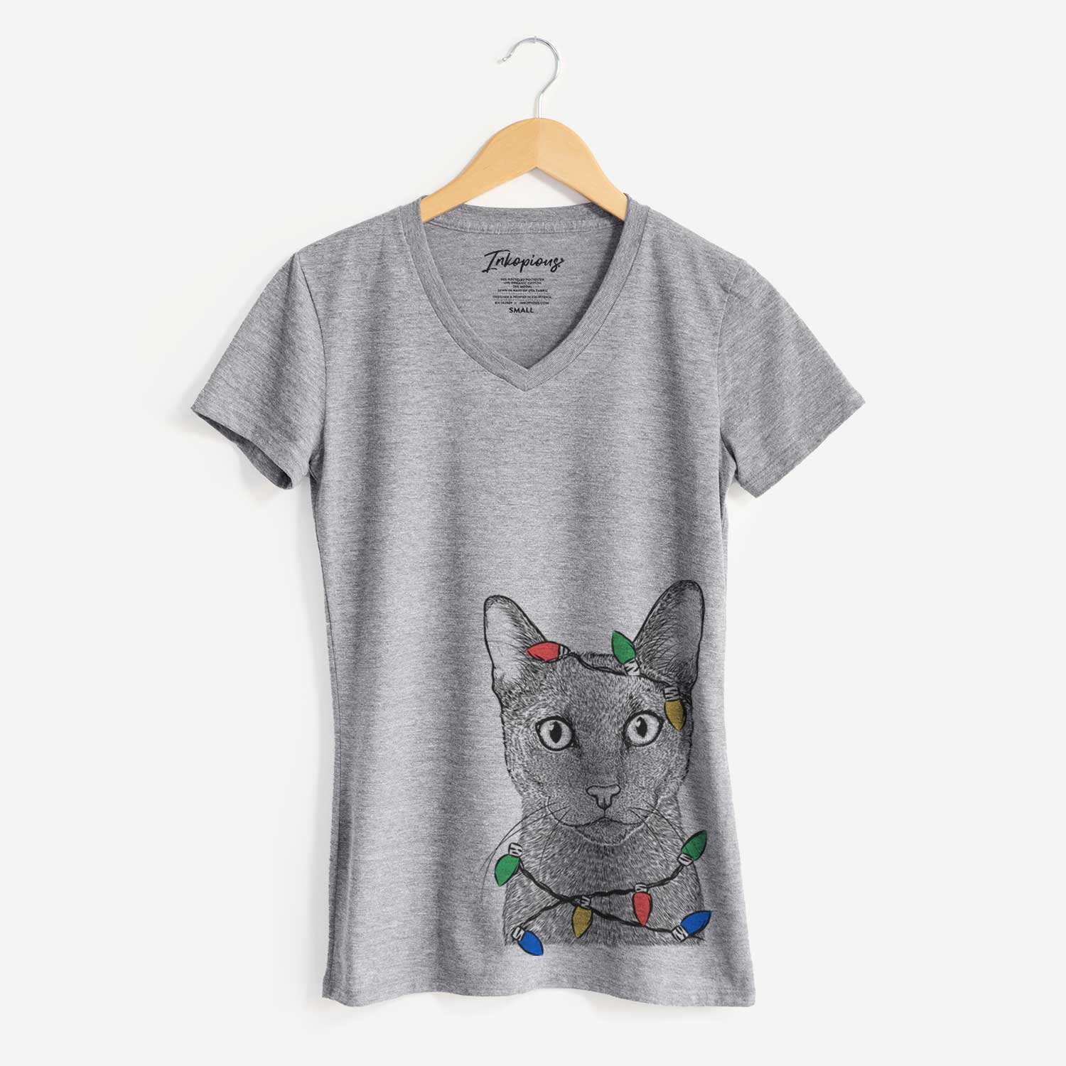 Christmas Lights Stanley the Russian Blue Cat - Women's V-neck Shirt